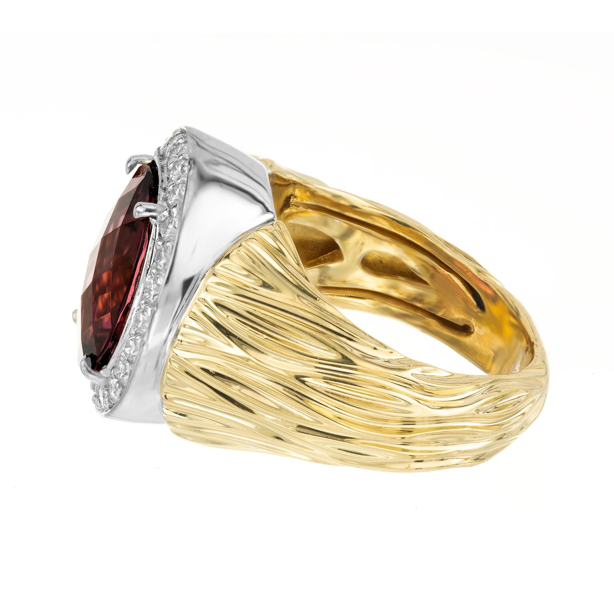 3.54 Carat Oval Faceted Pink Tourmaline Diamond Halo Gold Cocktail Ring In Excellent Condition For Sale In Stamford, CT