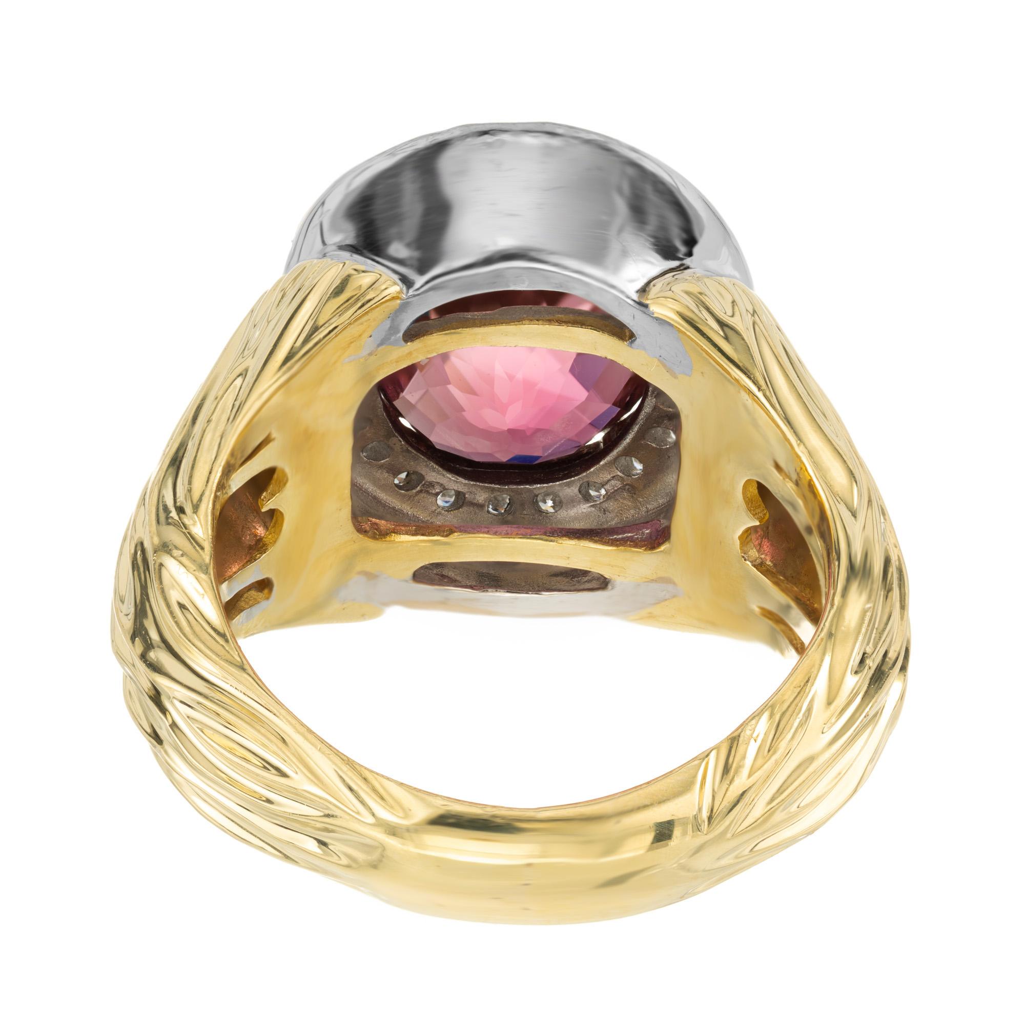 Women's 3.54 Carat Oval Faceted Pink Tourmaline Diamond Halo Gold Cocktail Ring For Sale
