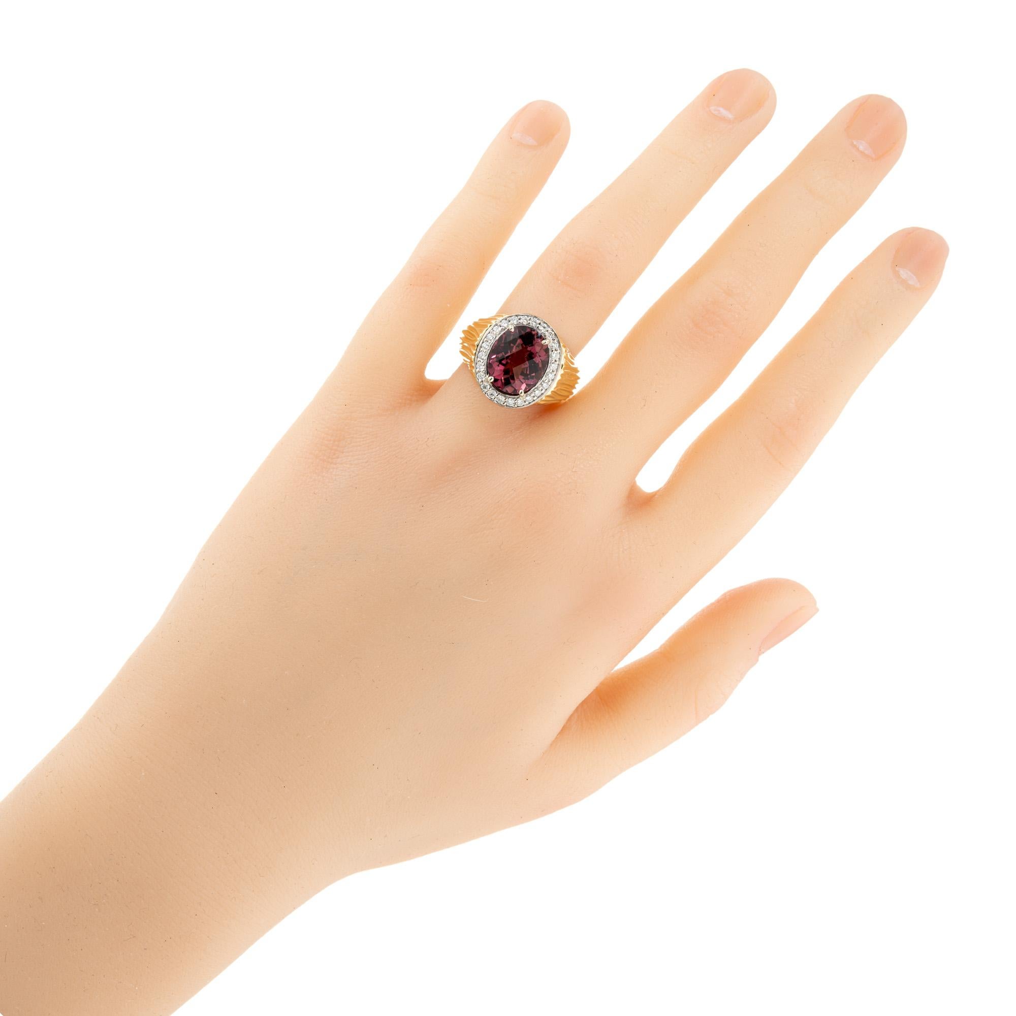 3.54 Carat Oval Faceted Pink Tourmaline Diamond Halo Gold Cocktail Ring For Sale 2
