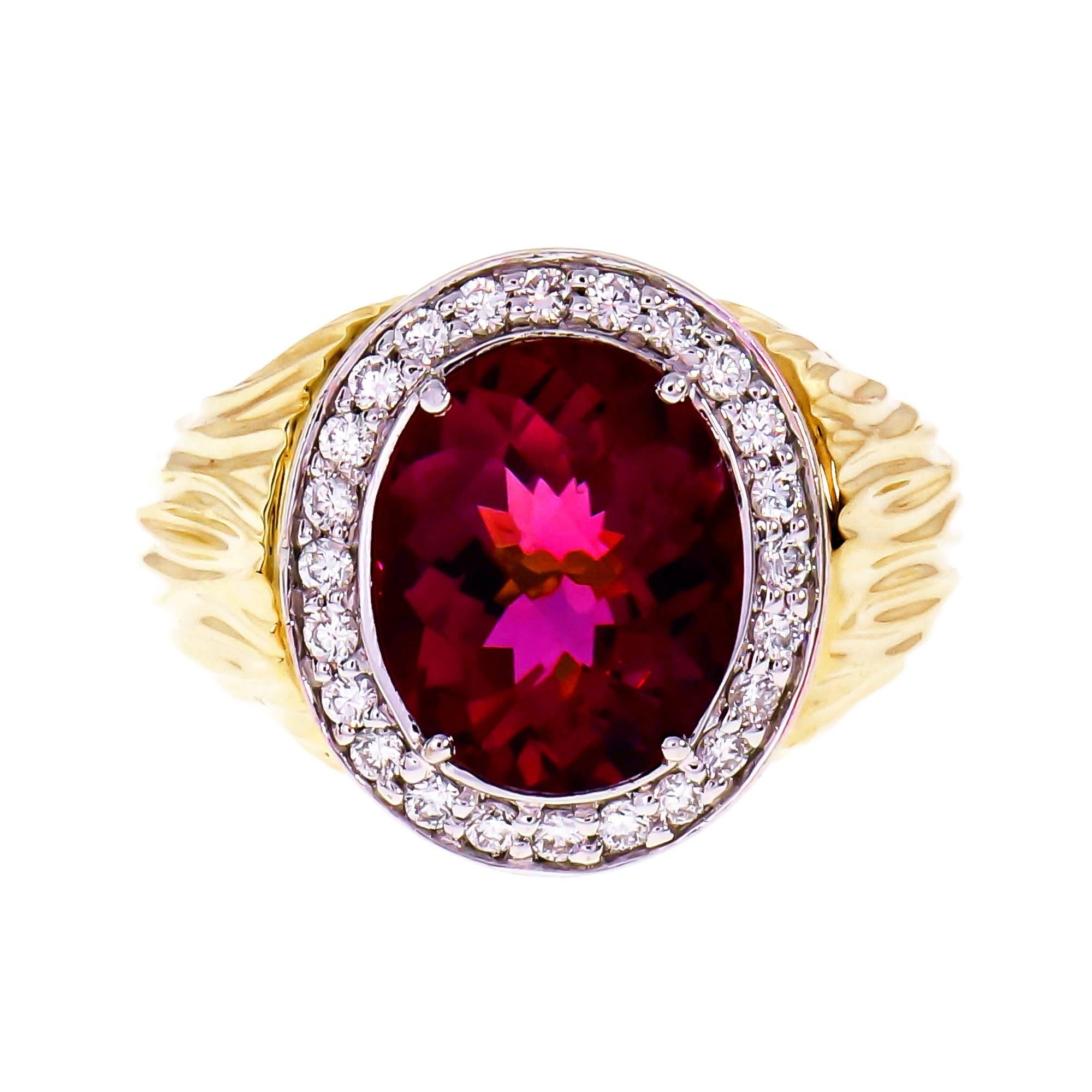 3.54 Carat Oval Faceted Pink Tourmaline Diamond Halo Gold Cocktail Ring For Sale