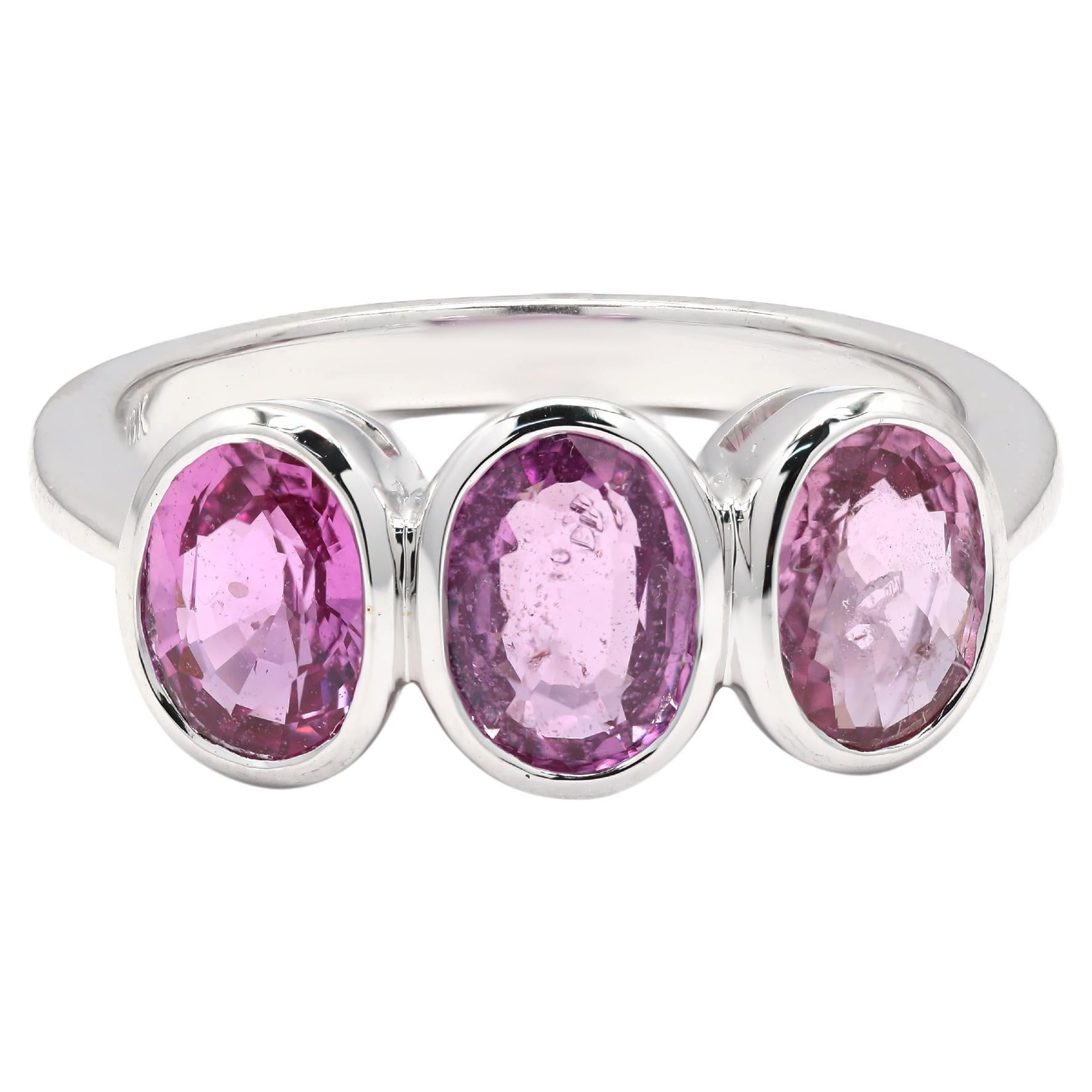 For Sale:  3.54 ct Three Pink Sapphire Gemstone Ring in 18K White Gold, Three Stone Ring