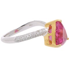 3.54 Carat Trilliant Rubellite Pink Tourmaline & Diamond 18K Two Tone Gold Ring