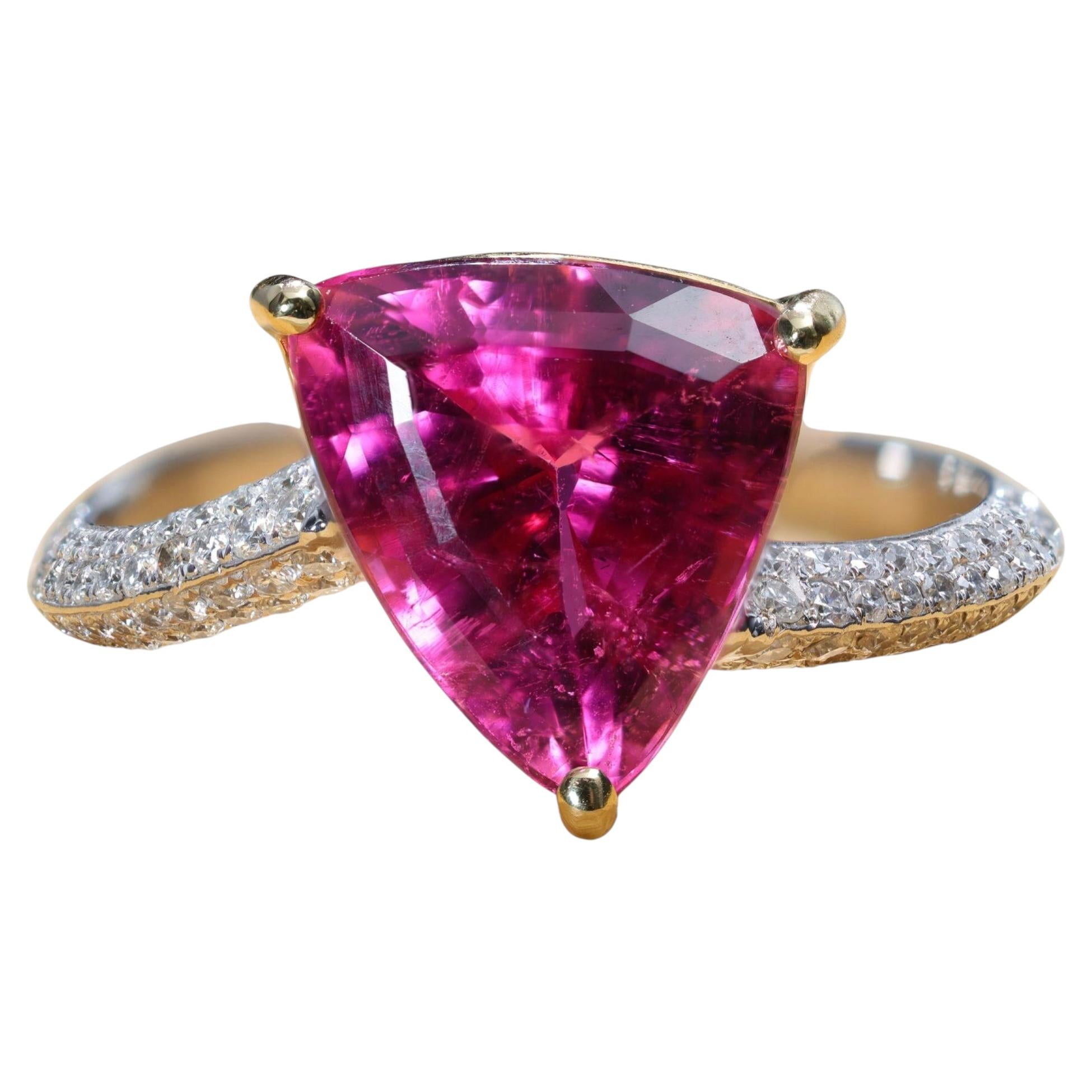 3.54 Carat Trilliant Rubellite Pink Tourmaline & Diamond 18K Two Tone Gold Ring