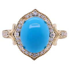 3.54 Carat Turquoise and 0.21 Carat Diamond 14 Karat Yellow Gold Cocktail Ring