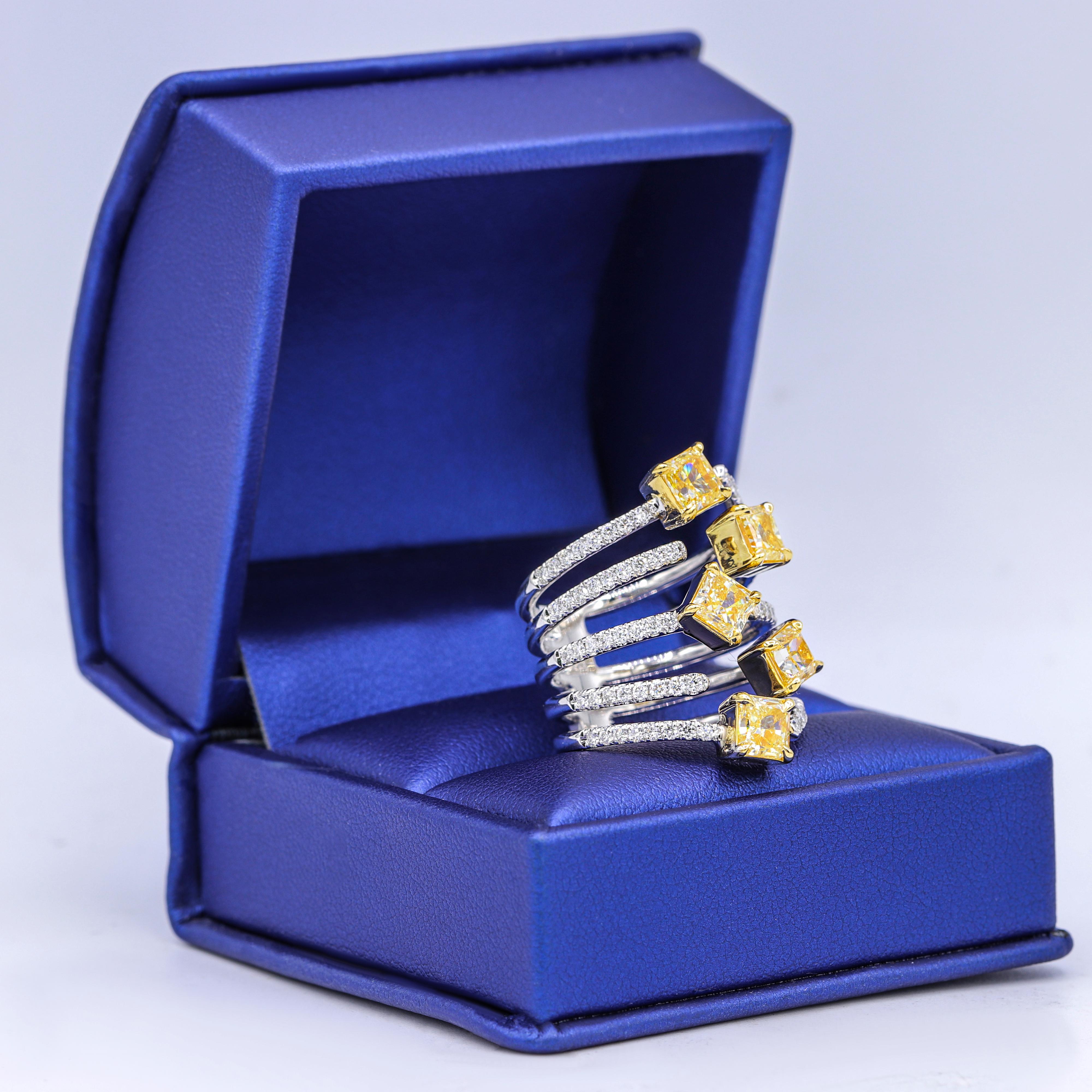 Princess Cut 3.54 Carat Multi Shaped Fancy Yellow Diamond Ring For Sale