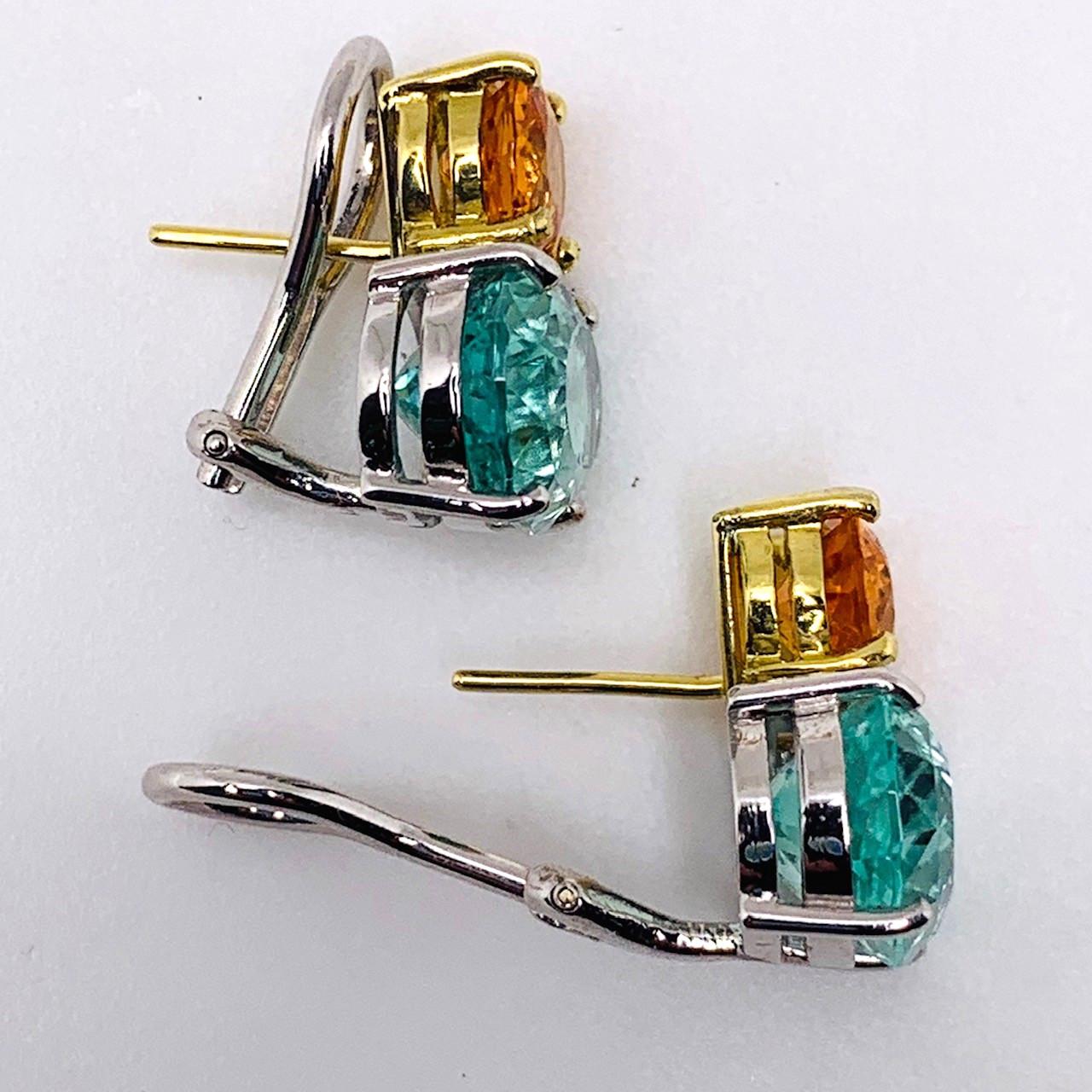 Spessartite Garnet, Green Tourmaline Oval, 18k White French Clip Post Earrings In New Condition In Los Angeles, CA