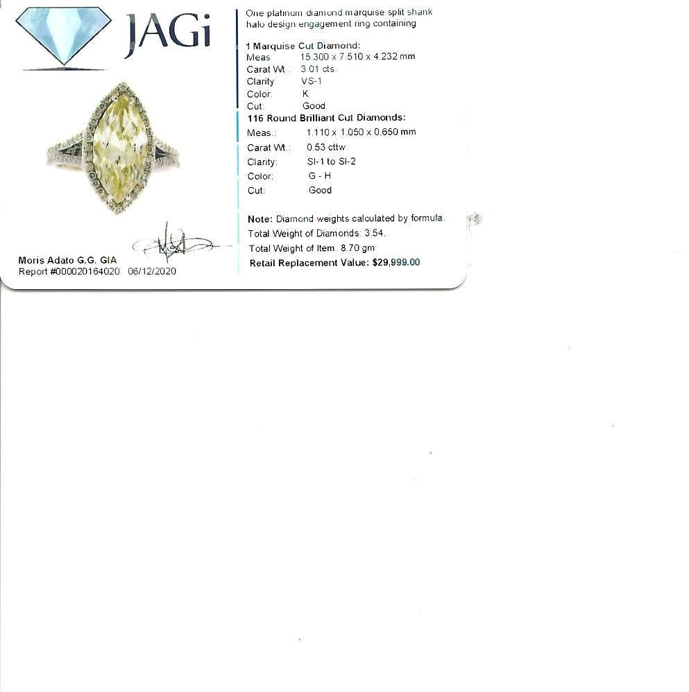 3.01 Carat Marquis Diamond With Halo Split Shank Engagement Ring in Platinum For Sale 4