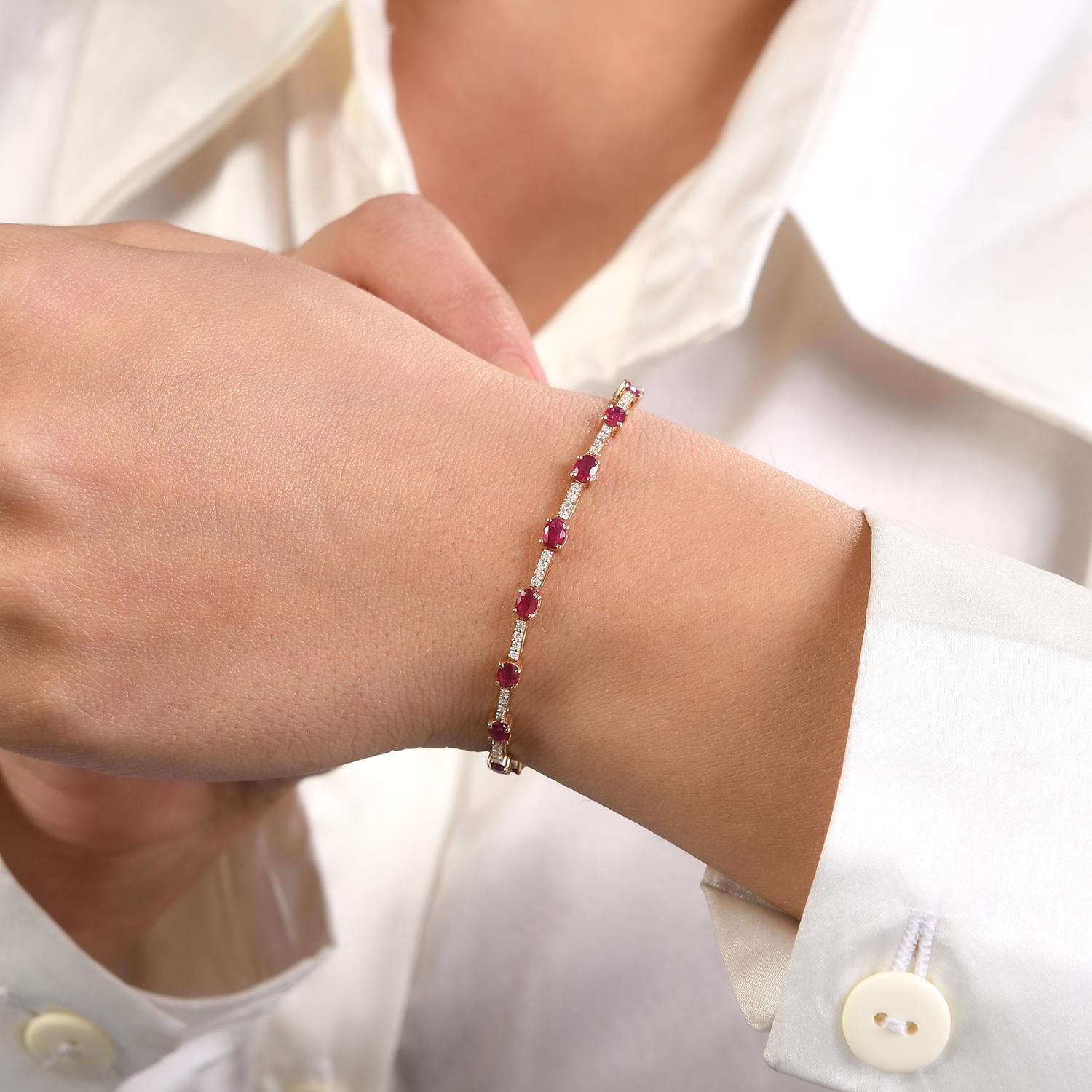 This 3.54 CTW Genuine Ruby Engagement Bracelet with Diamonds in 14K gold showcases endlessly sparkling natural ruby, weighing 3.54 carats and diamonds weighing 0.43 carats. It measures 7 inches long in length. 
Ruby improves mental