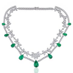 35.40 Carats Diamond Zambian Emerald 14 Karat Gold Earrings Necklace Ring Set