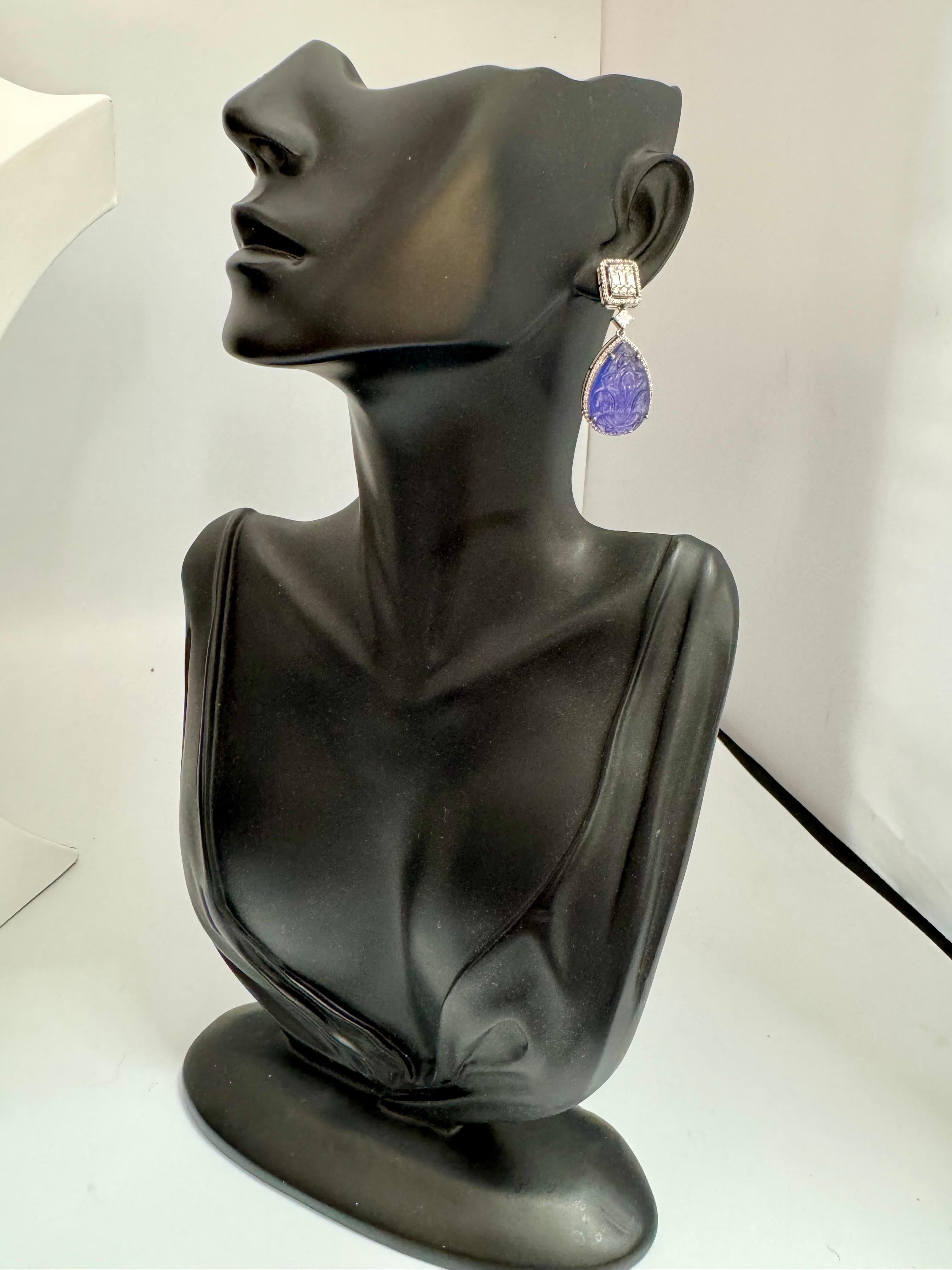 35.40 Ct Carved Tanzanite & 2Ct Diamond Hanging Drop Earring 18 Karat White Gold 1
