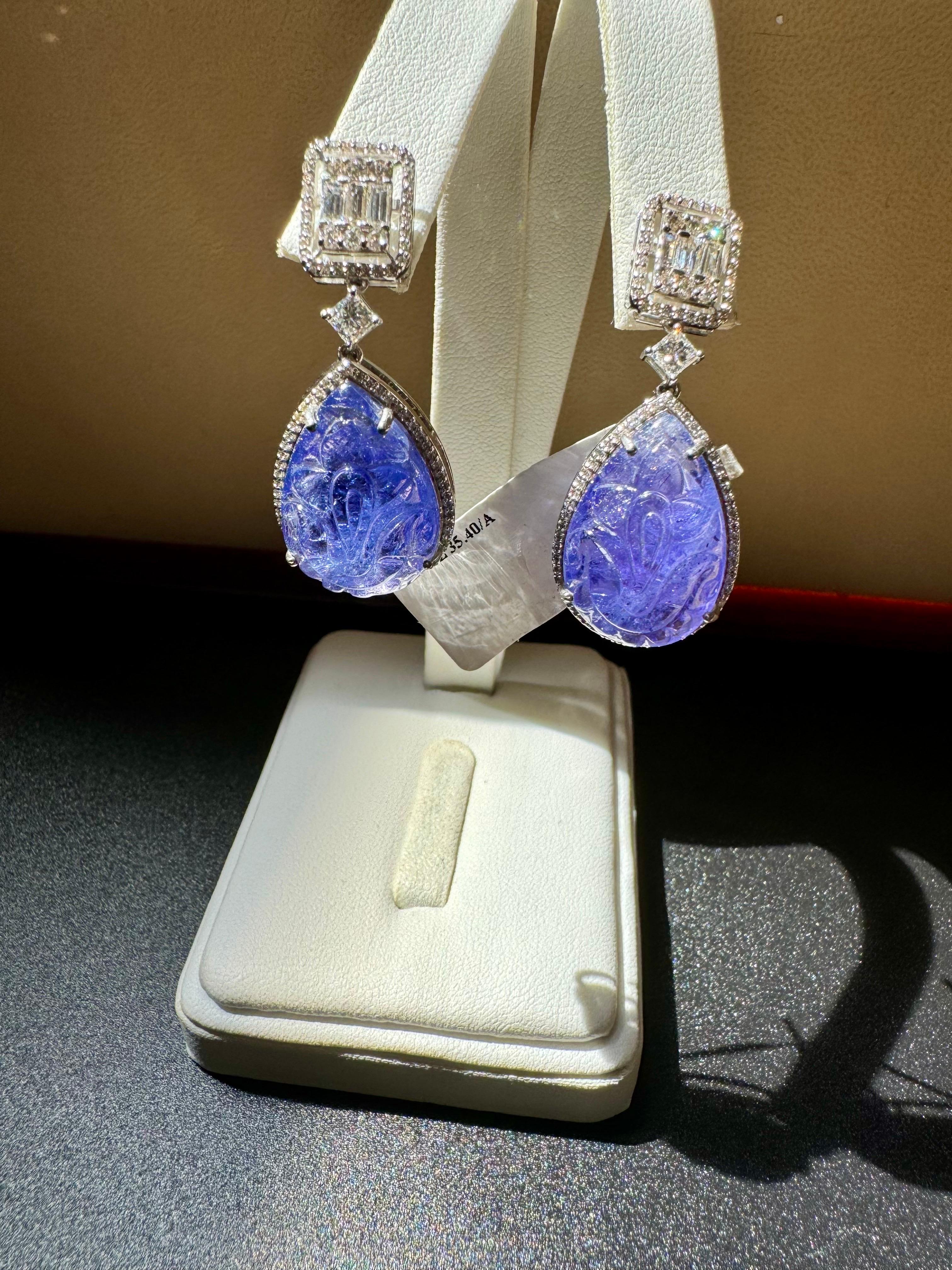 35.40 Ct Carved Tanzanite & 2Ct Diamond Hanging Drop Earring 18 Karat White Gold 2