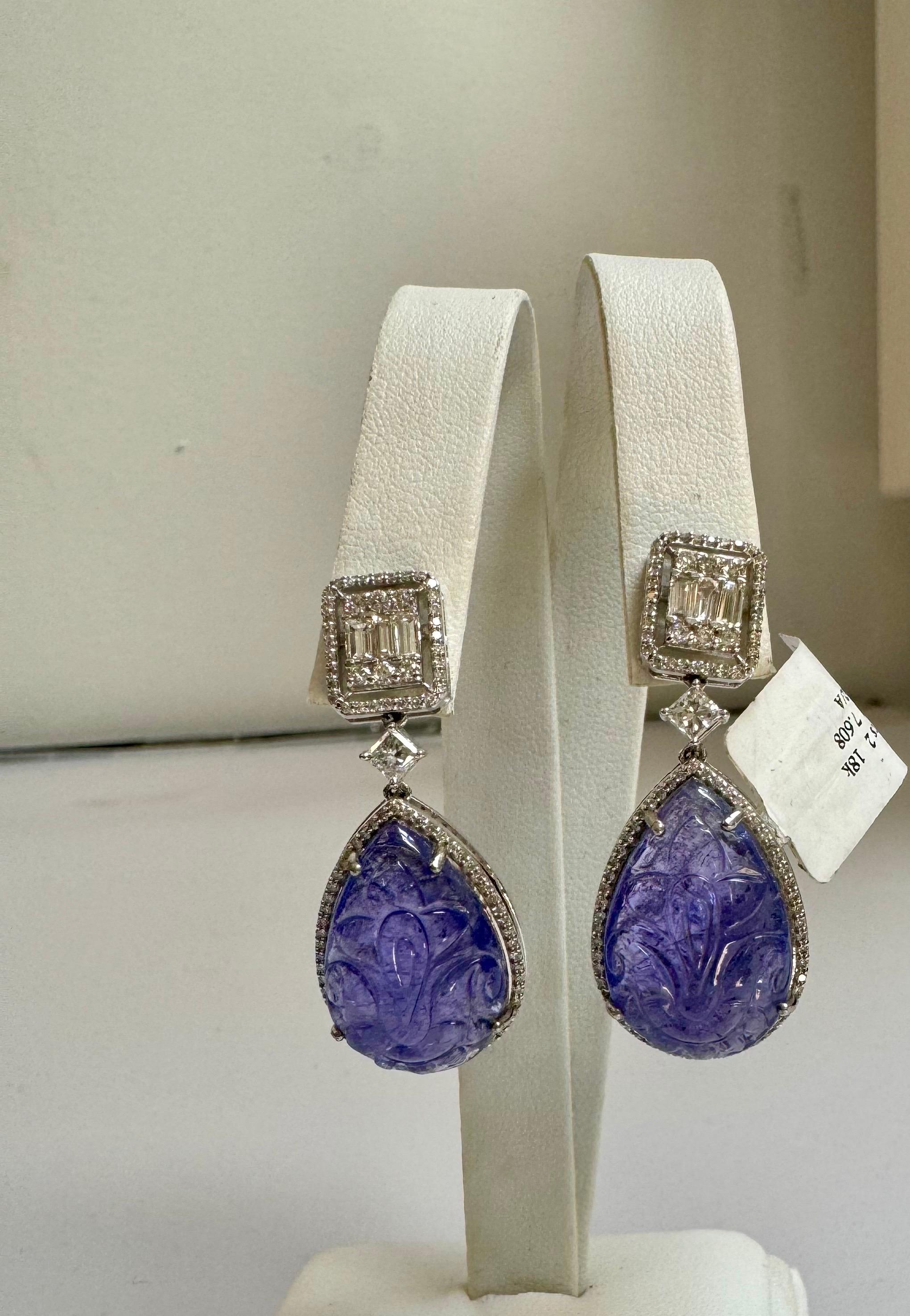 35.40 Ct Carved Tanzanite & 2Ct Diamond Hanging Drop Earring 18 Karat White Gold 3