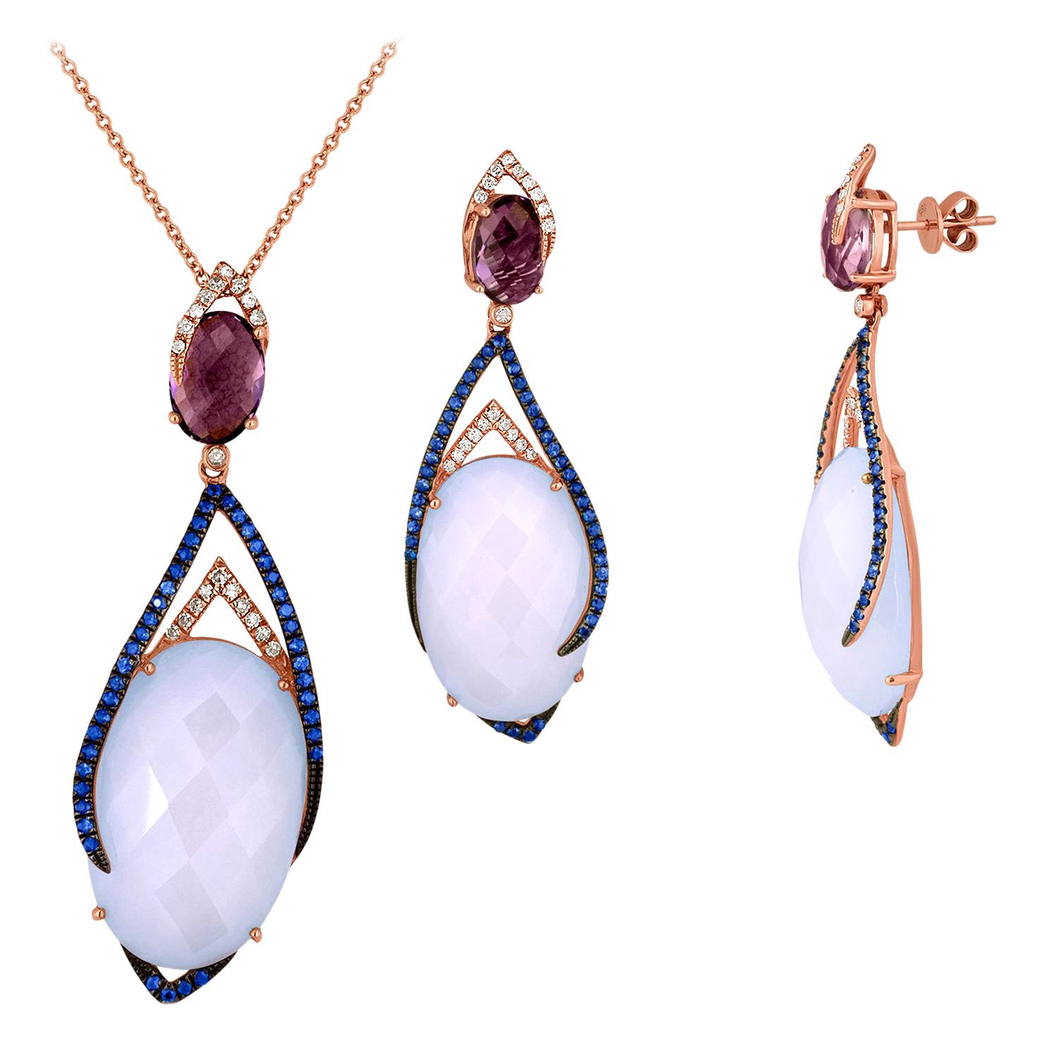 35.45 Carat Chalcedony Sapphire and Amethyst Earrings and Necklace Set For Sale