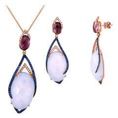 35.45 Carat Chalcedony Sapphire and Amethyst Earrings and Necklace Set