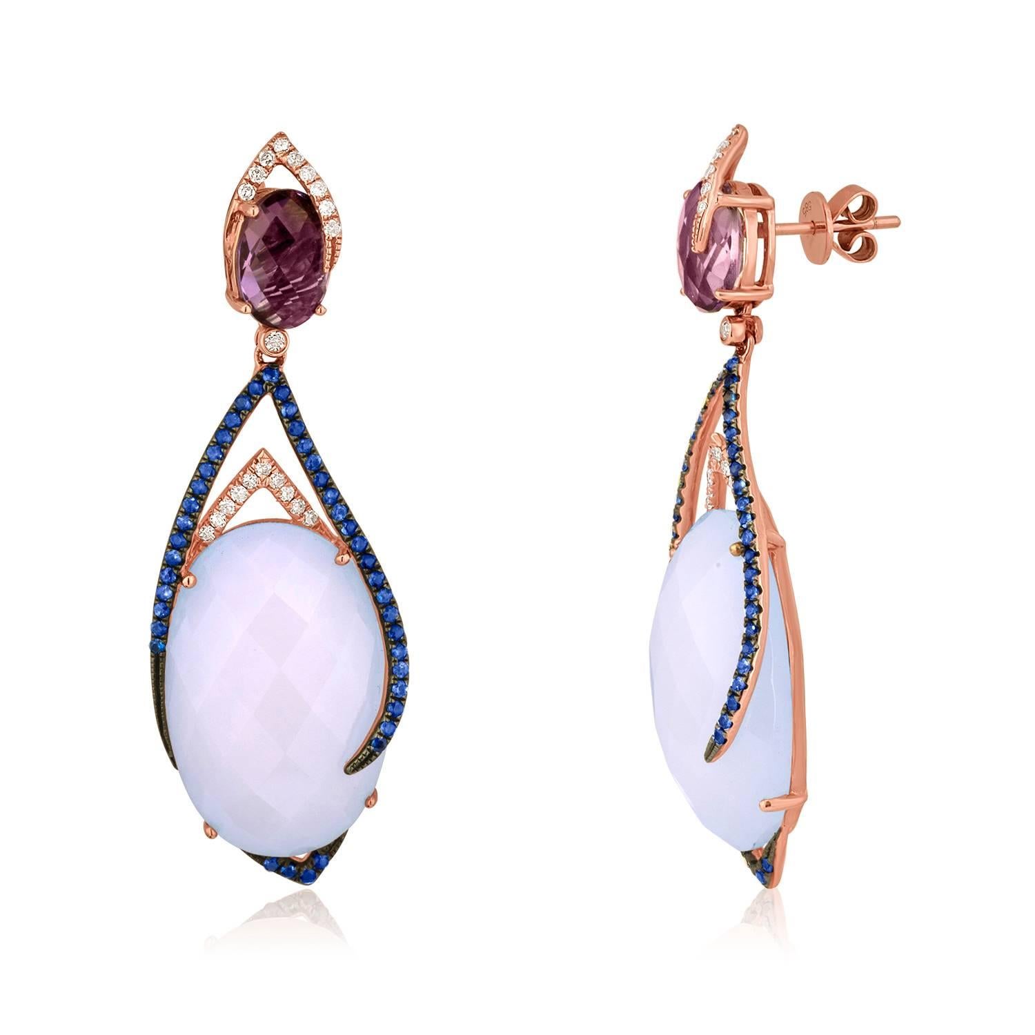 Very Beautiful and Special Chalcedony Set
The earrings are 14K Rose Gold with 0.33ct Diamonds.
There are 0.79ct in Blue Sapphires, 35.45ct Chalcedony, & 4.45ct Purple Amethyst.
The earrings measure 2.25