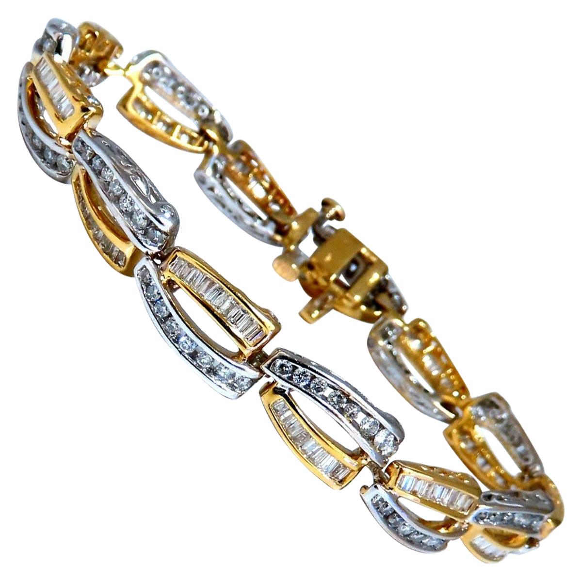 3.54ct Natural Baguette and Round Diamonds Channel Bracelet 14kt Gold Open Deco For Sale