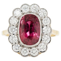 3.54ct Natural Unheated Oval Ruby and Diamond Halo 18K Gold Coronet Cluster Ring