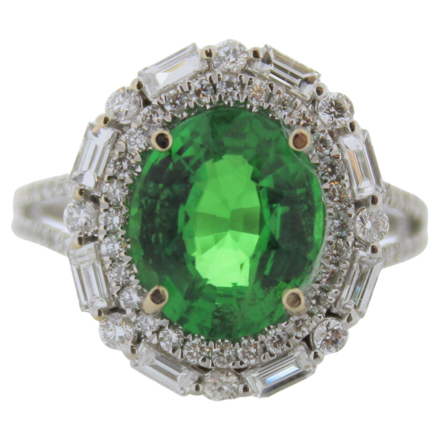 3.54ct Tsavorite and 0.86ctw Diamond Ring in 18K White Gold For Sale