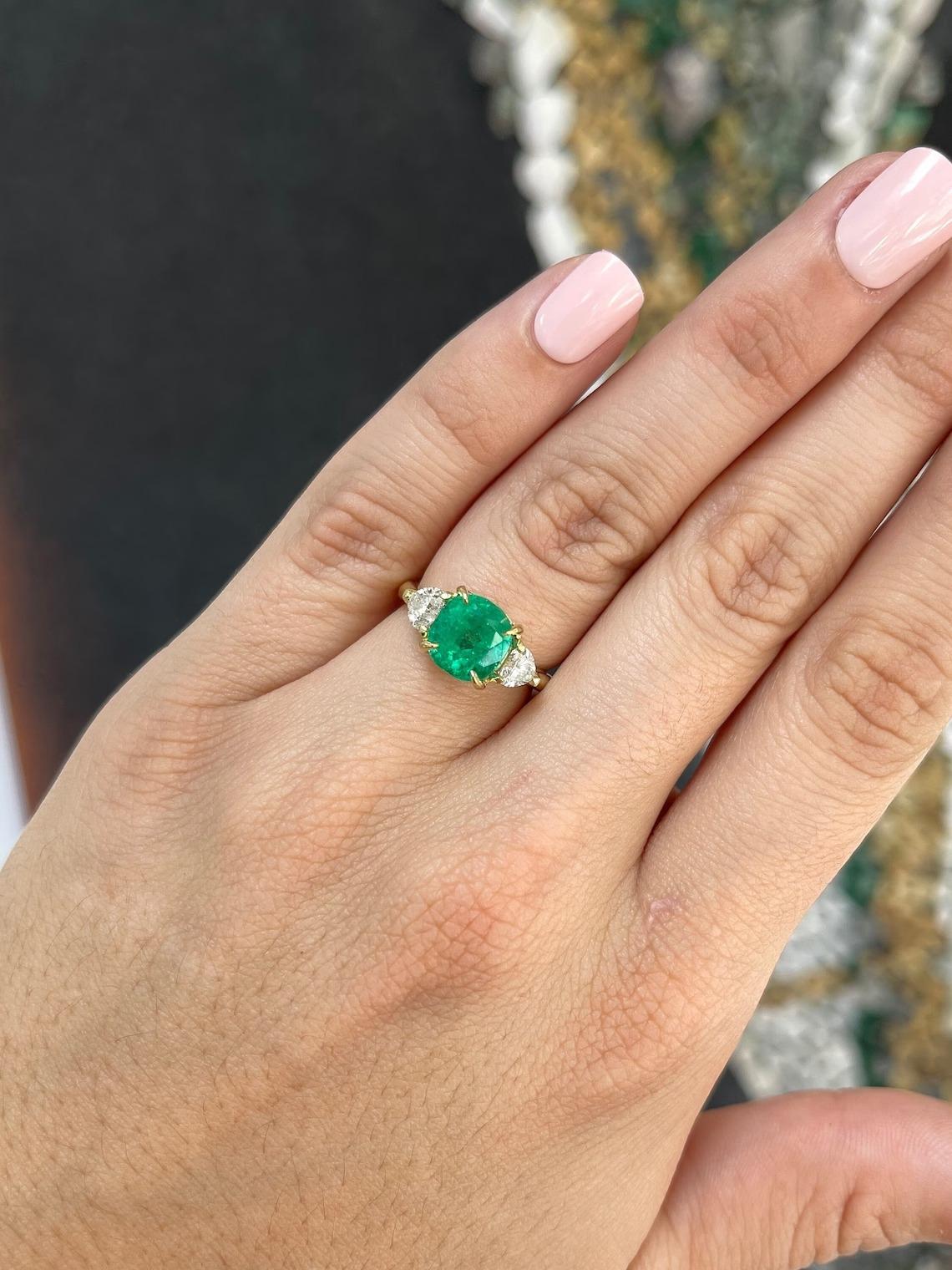 Contemporary 3.54tcw 18K Cushion Colombian Emerald & Heart Diamond 3 Stone Engagement Ring For Sale