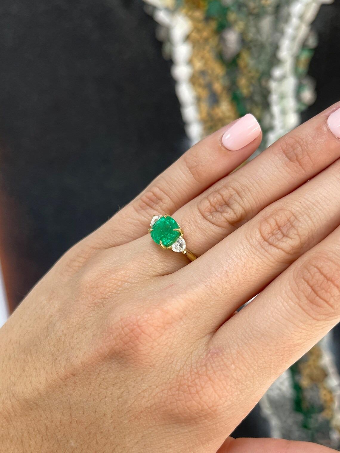 Cushion Cut 3.54tcw 18K Cushion Colombian Emerald & Heart Diamond 3 Stone Engagement Ring For Sale