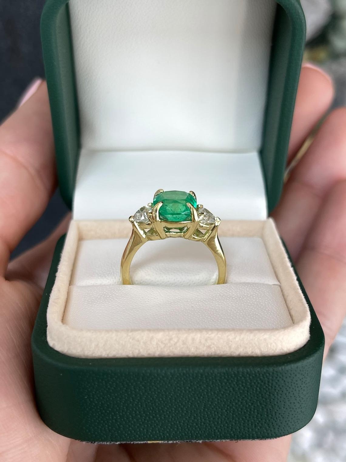 3.54tcw 18K Cushion Colombian Emerald & Heart Diamond 3 Stone Engagement Ring For Sale 1