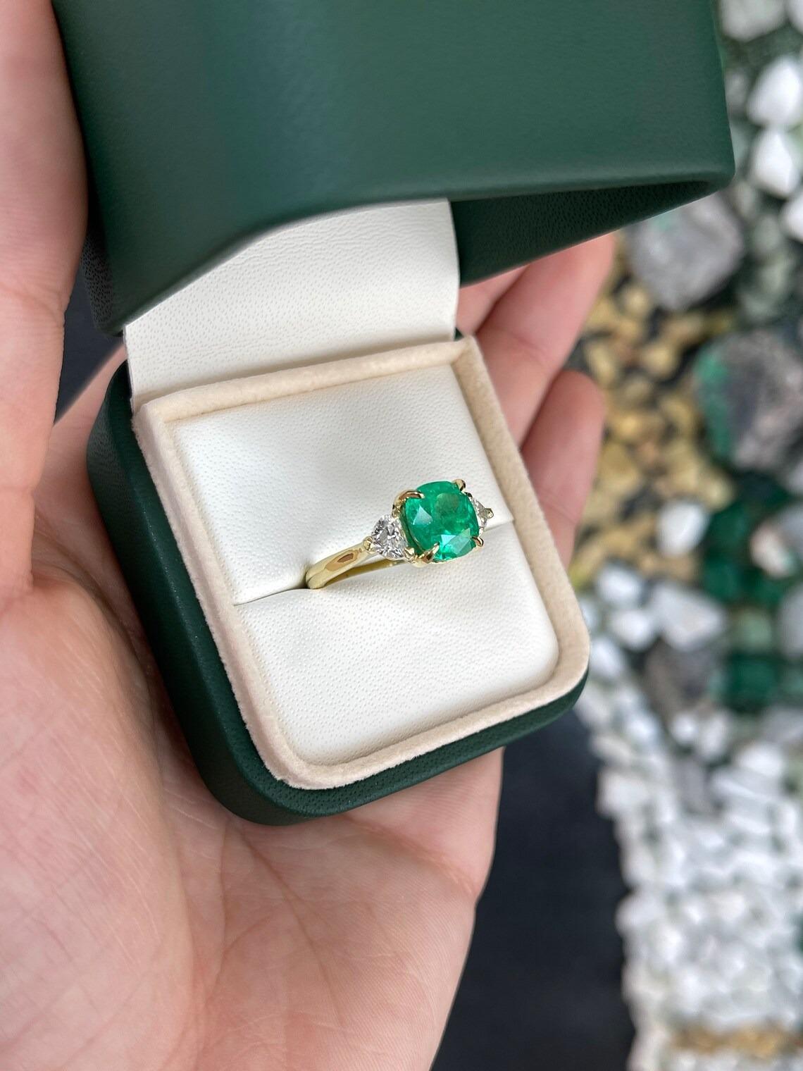 3.54tcw 18K Cushion Colombian Emerald & Heart Diamond 3 Stone Engagement Ring For Sale 2