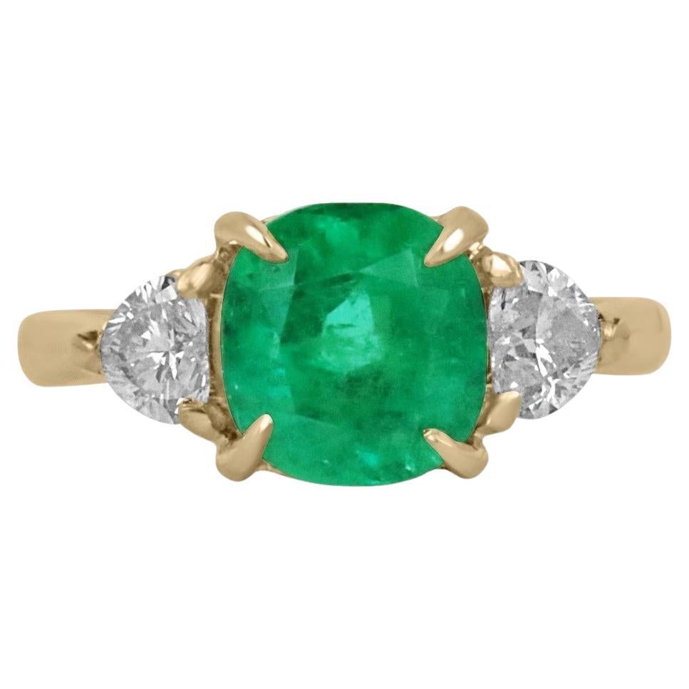 3.54tcw 18K Cushion Colombian Emerald & Heart Diamond 3 Stone Engagement Ring For Sale