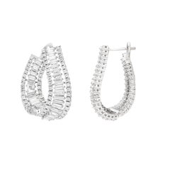 3.55 Carat Baguette and Round Diamond Twisted Hoop Wave Earrings in 18K Gold