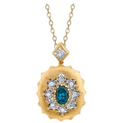 3.55 Carat Blue Zircon White, Yellow Gold Handmade Drop Pendant with Chain