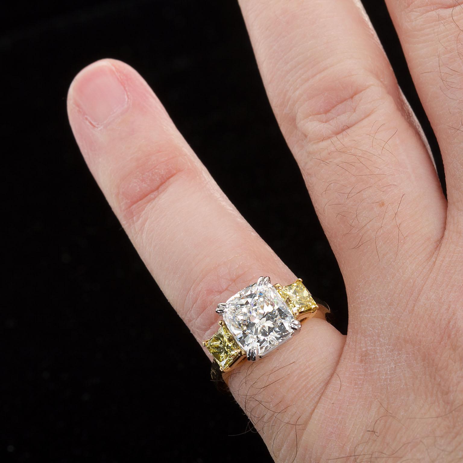 3.55 Carat Cushion Cut Diamond and Fancy Intense Yellow Princess Sides Ring GIA For Sale 2