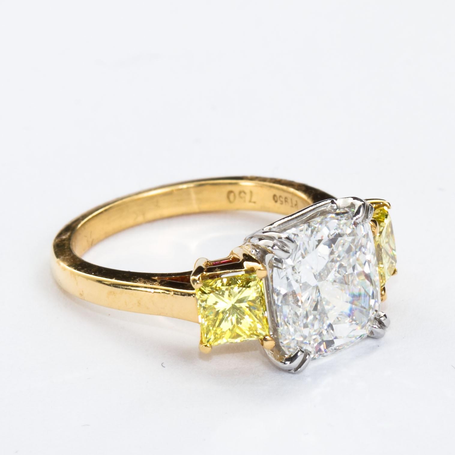 3.55 Carat Cushion Cut Diamond and Fancy Intense Yellow Princess Sides Ring GIA In Excellent Condition For Sale In Lakewood, NJ
