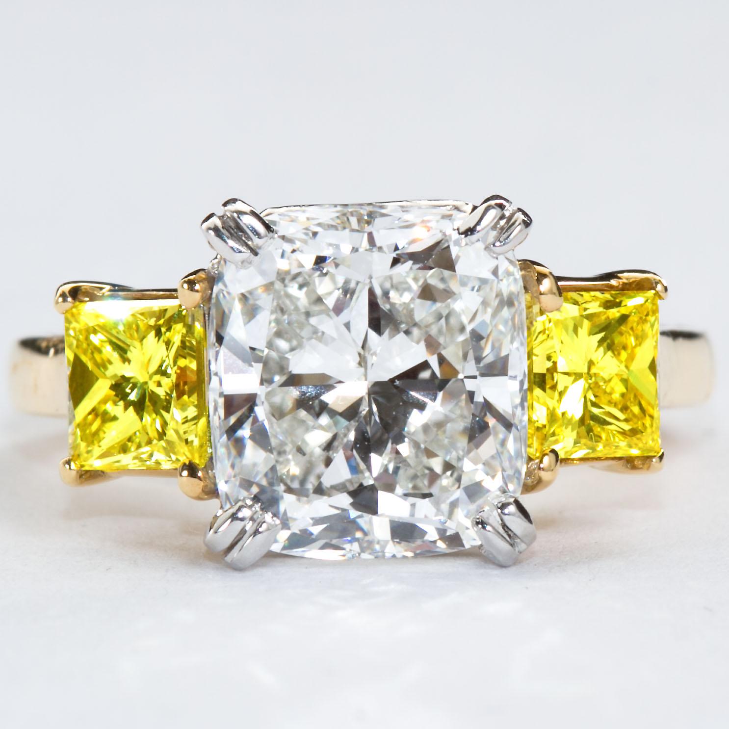 Women's 3.55 Carat Cushion Cut Diamond and Fancy Intense Yellow Princess Sides Ring GIA For Sale