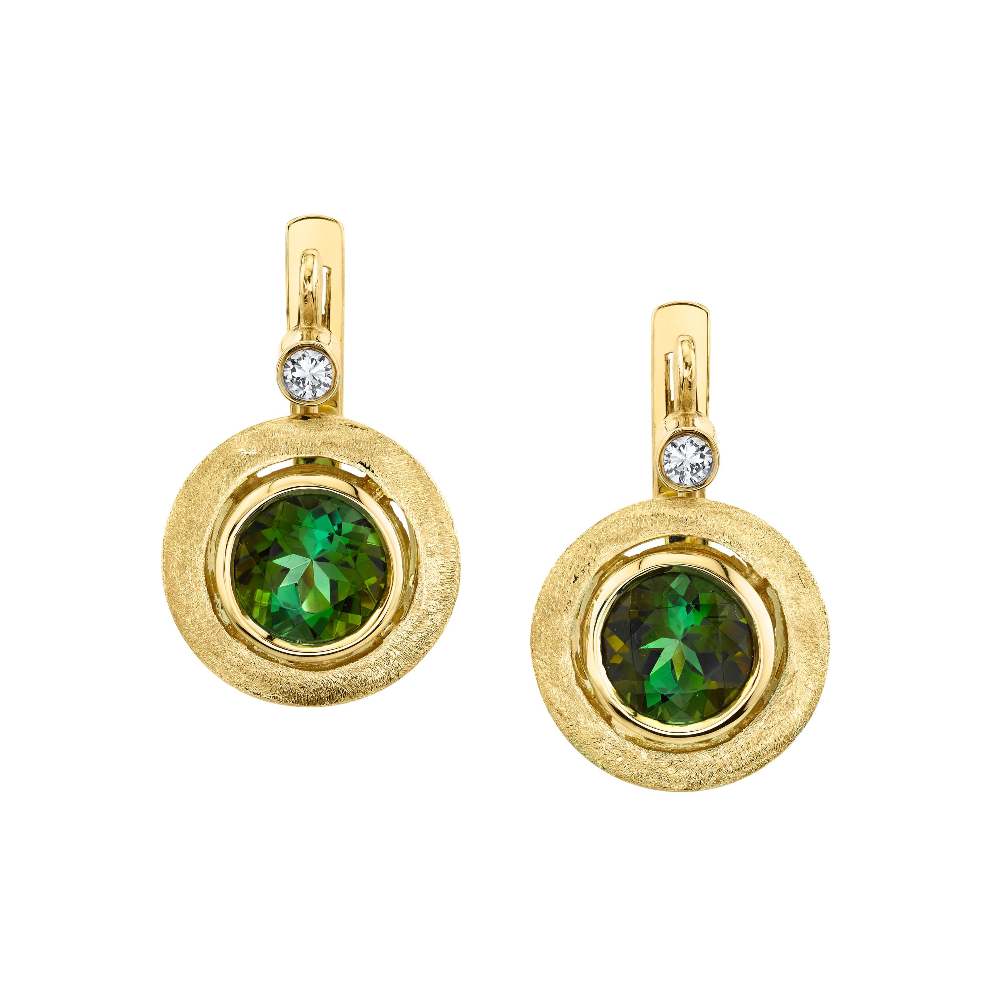 3.55 Carat Total Green Tourmaline and Diamond Drop Earrings in Yellow Gold For Sale