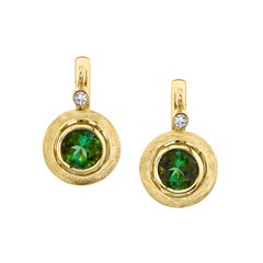3.55 Carat Green Tourmaline Diamond Bezel Set Yellow Gold Lever Back Earrings