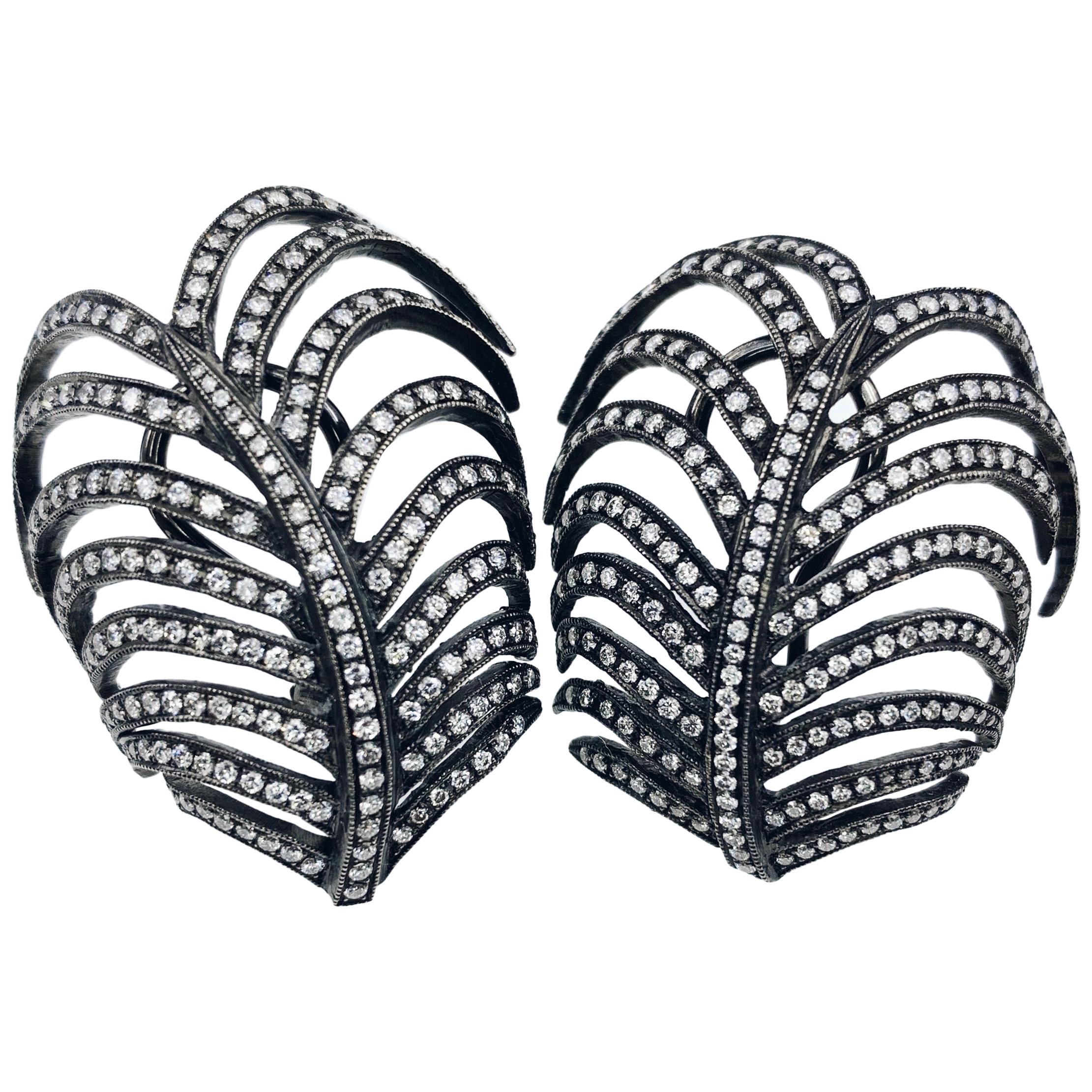 3.55 Carat "Kentia Palm" Diamond Earrings in Black Rhodium Over White Gold For Sale