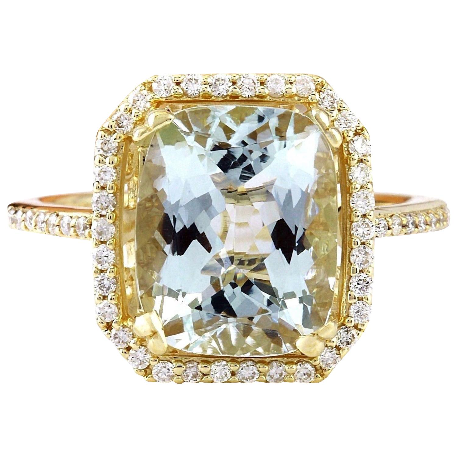 3.55 Carat Natural Aquamarine 14 Karat Solid Yellow Gold Diamond Ring en vente