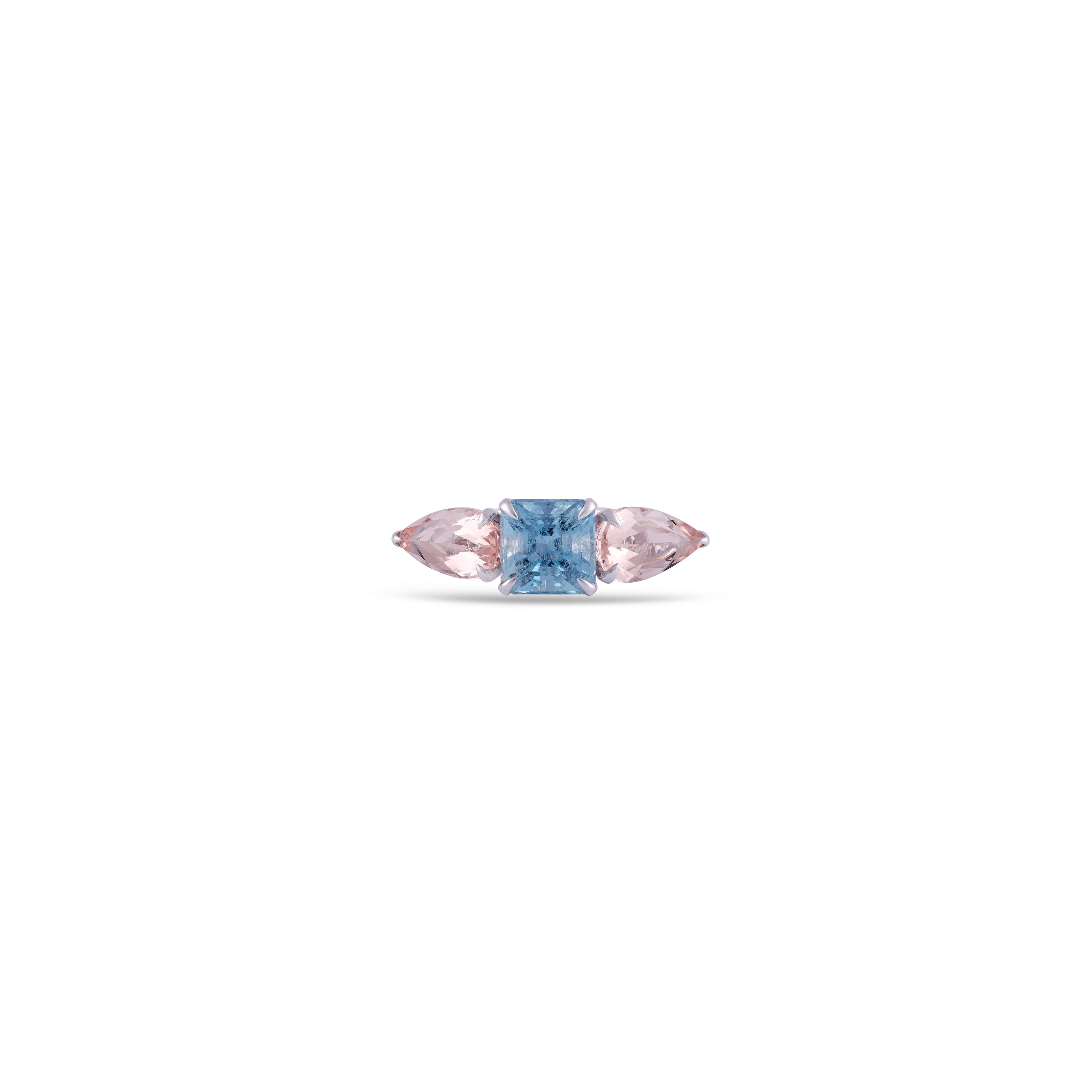 This is an elegant 3.55 Carat Natural Aquamarine & Morganite 3 stones Ring in 18k White Gold features a fine quality of  Aquamarine 3.55 carat's Morganites 3.89 carat 
This entire ring is made in 18k White gold
 It is a classic ring.  
Custom