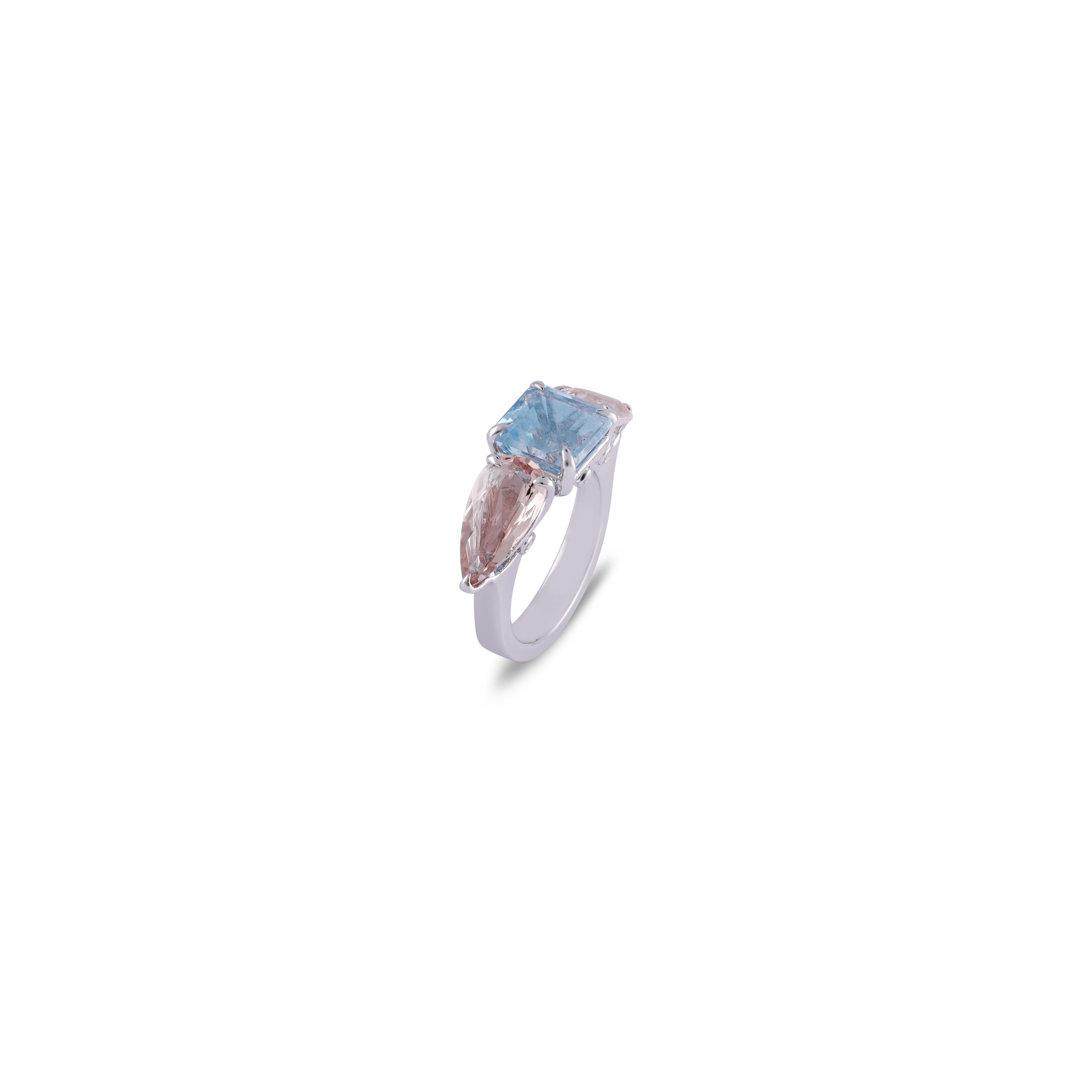 Mixed Cut 3.55 Carat Natural Aquamarine & Morganite 3 stones Ring in 18k White Gold For Sale