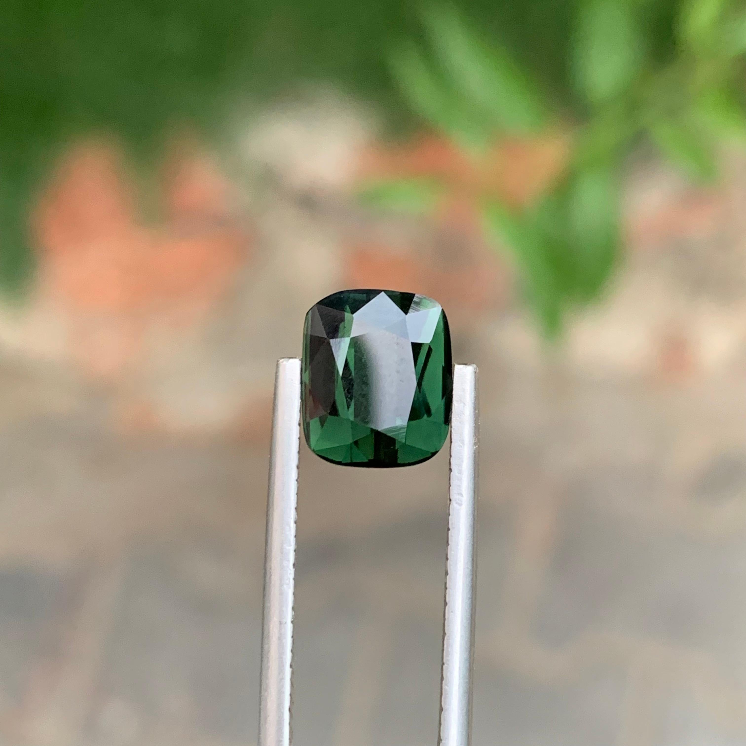 Arts and Crafts 3.55 Carat Natural Loose Deep Green Tourmaline Cushion Shape Gemstone For Sale