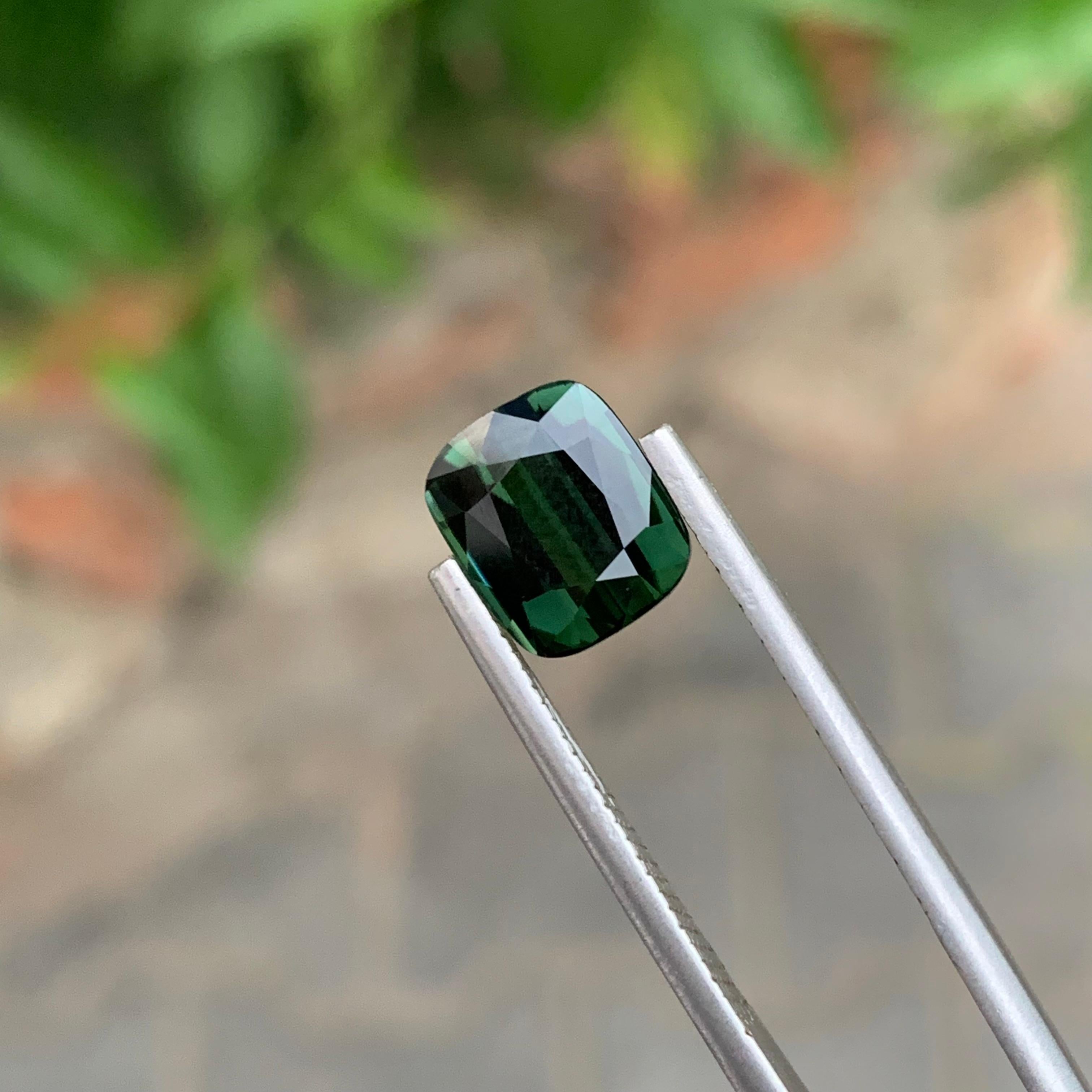 Women's or Men's 3.55 Carat Natural Loose Deep Green Tourmaline Cushion Shape Gemstone For Sale