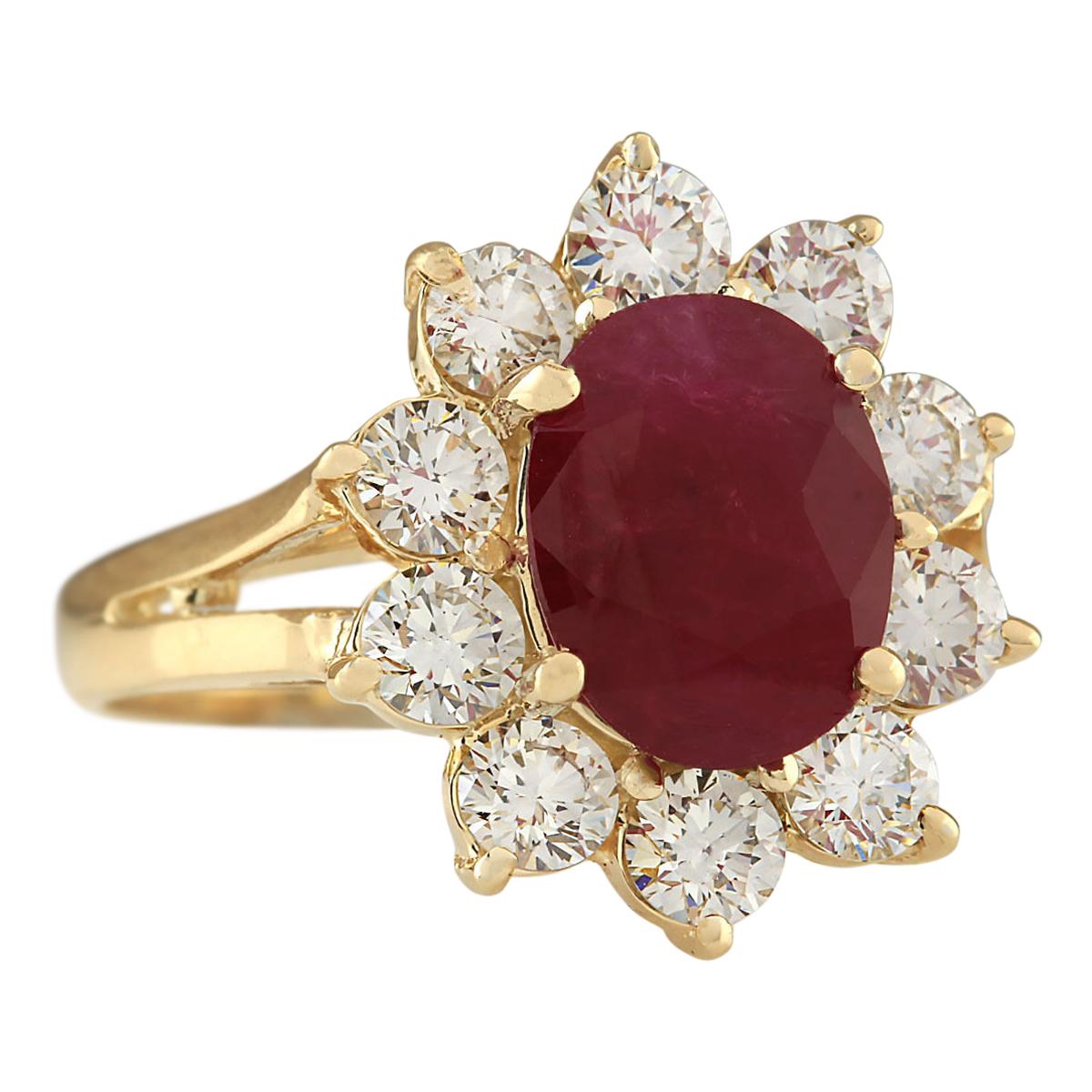 3.55 Carat Natural Ruby 14 Karat Yellow Gold Diamond Ring
Stamped: 14K Yellow Gold
Total Ring Weight: 4.5 Grams
Total Natural Ruby Weight is 2.45 Carat (Measures: 9.00x7.00 mm)
Color: Red
Total Natural Diamond Weight is 1.10 Carat
Color: F-G,