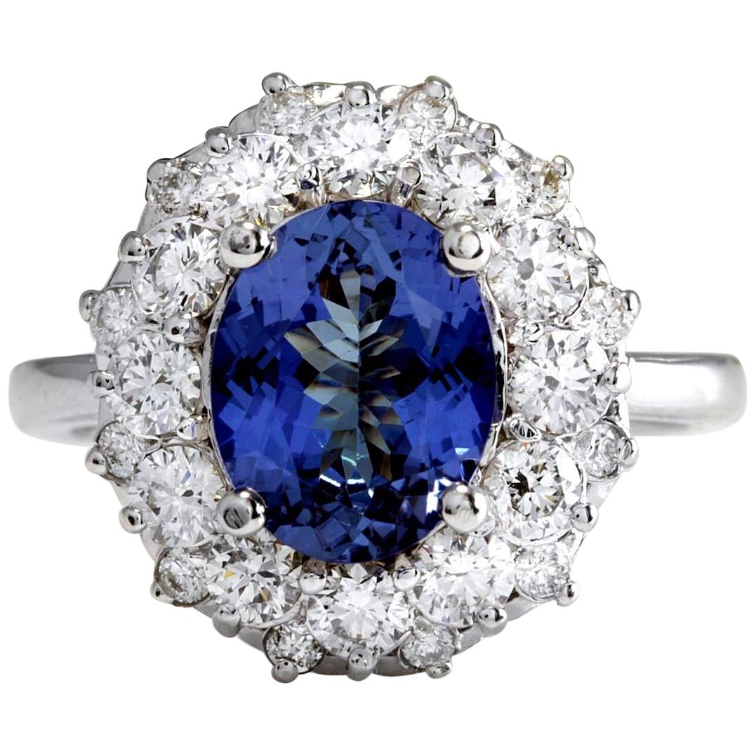 3.55 Carat Natural Very Nice Looking Tanzanite and Diamond 14K Solid White Gold For Sale