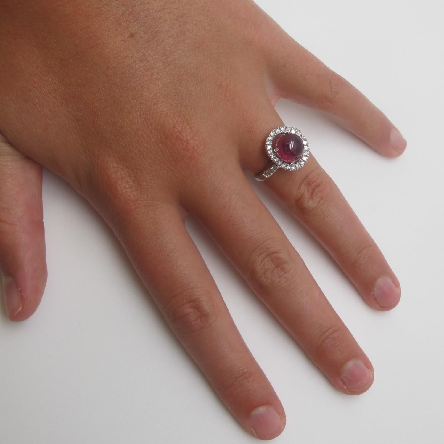 3.55 Carat Pink Tourmaline Cabochon, Diamond Halo & 18k White Gold Cocktail Ring 4