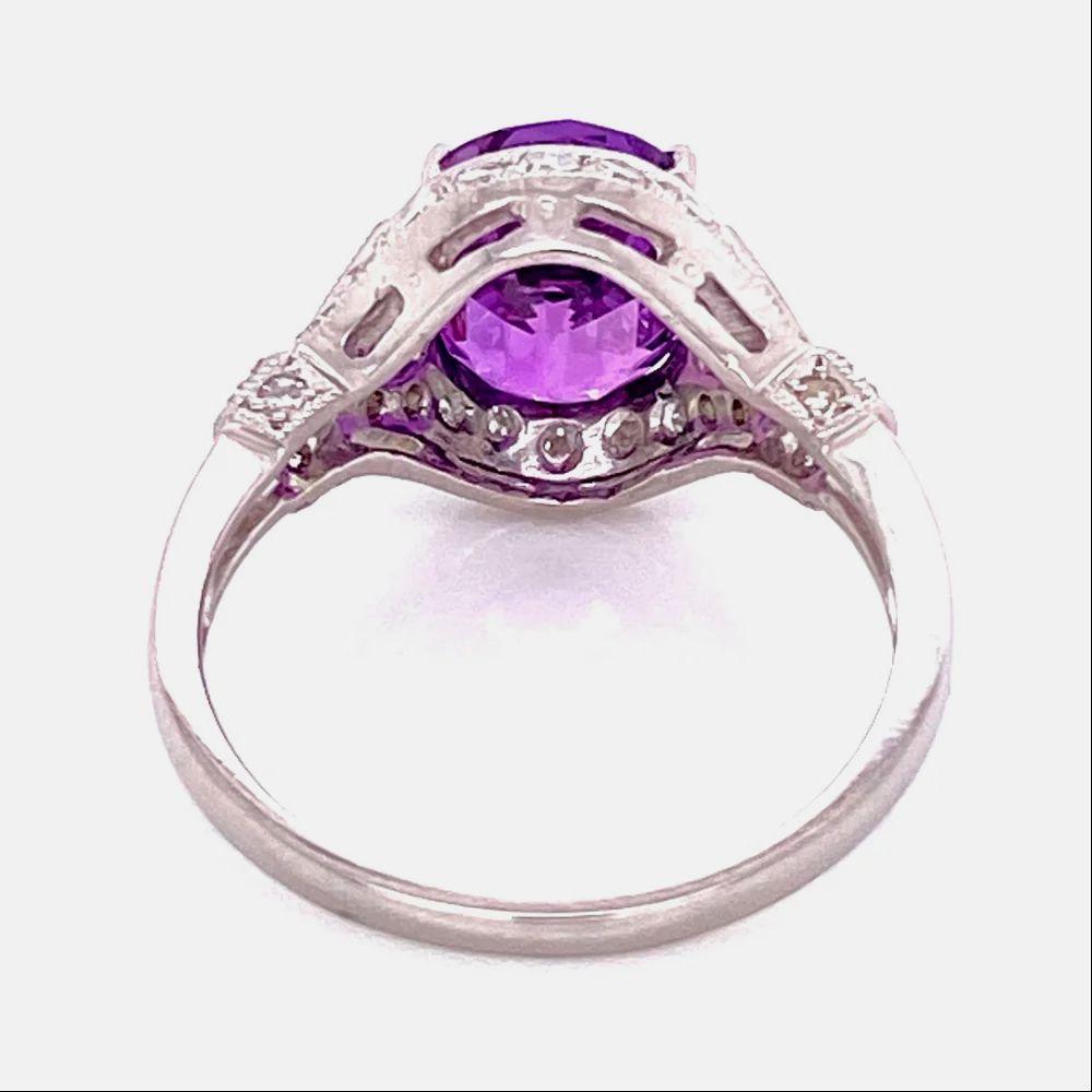 3.55 Carat Purple GIA Sapphire and Diamond Vintage Art Deco Platinum Ring For Sale 3