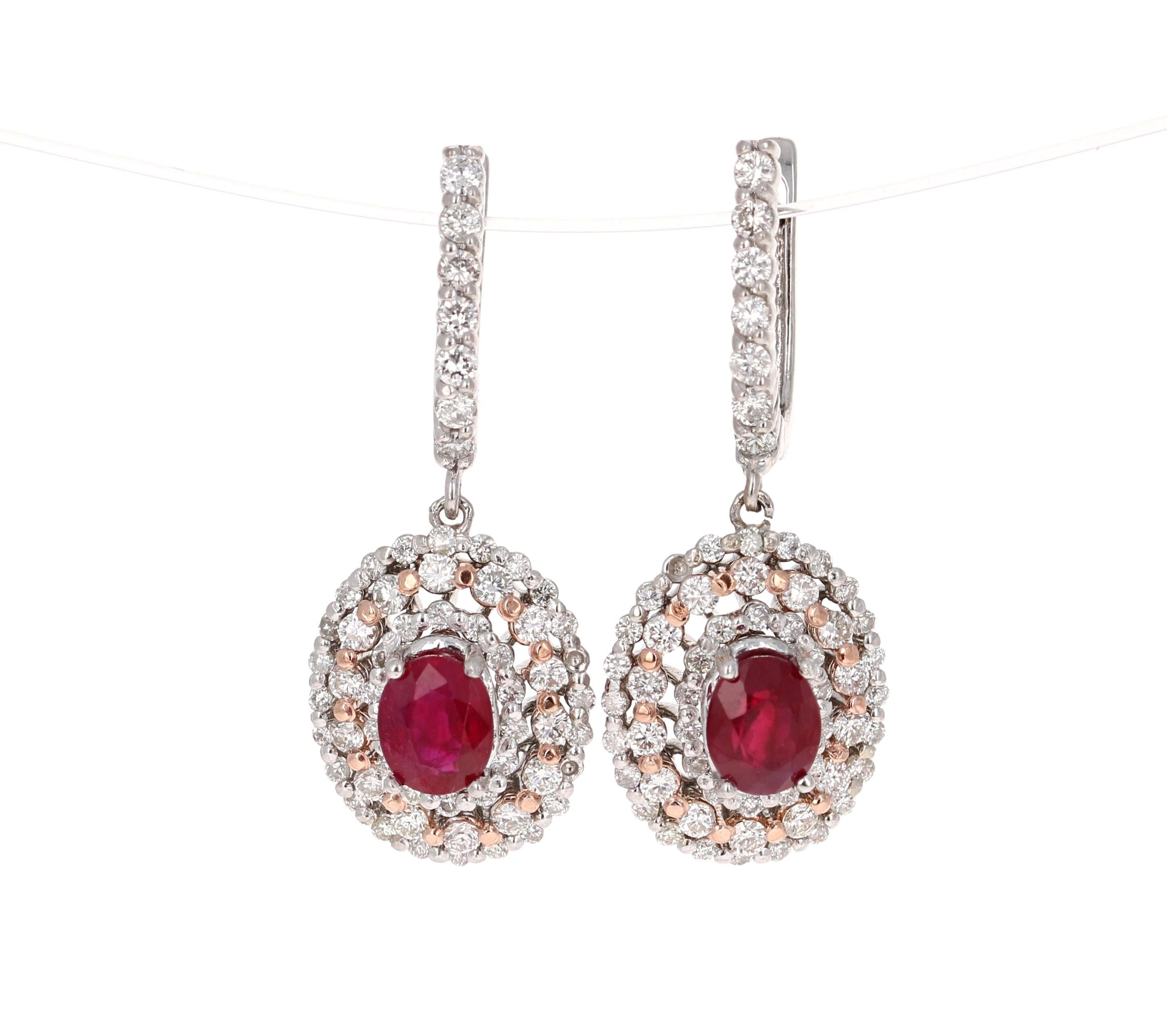 Contemporary 3.55 Carat Ruby Diamond White Gold Dangle Earrings For Sale