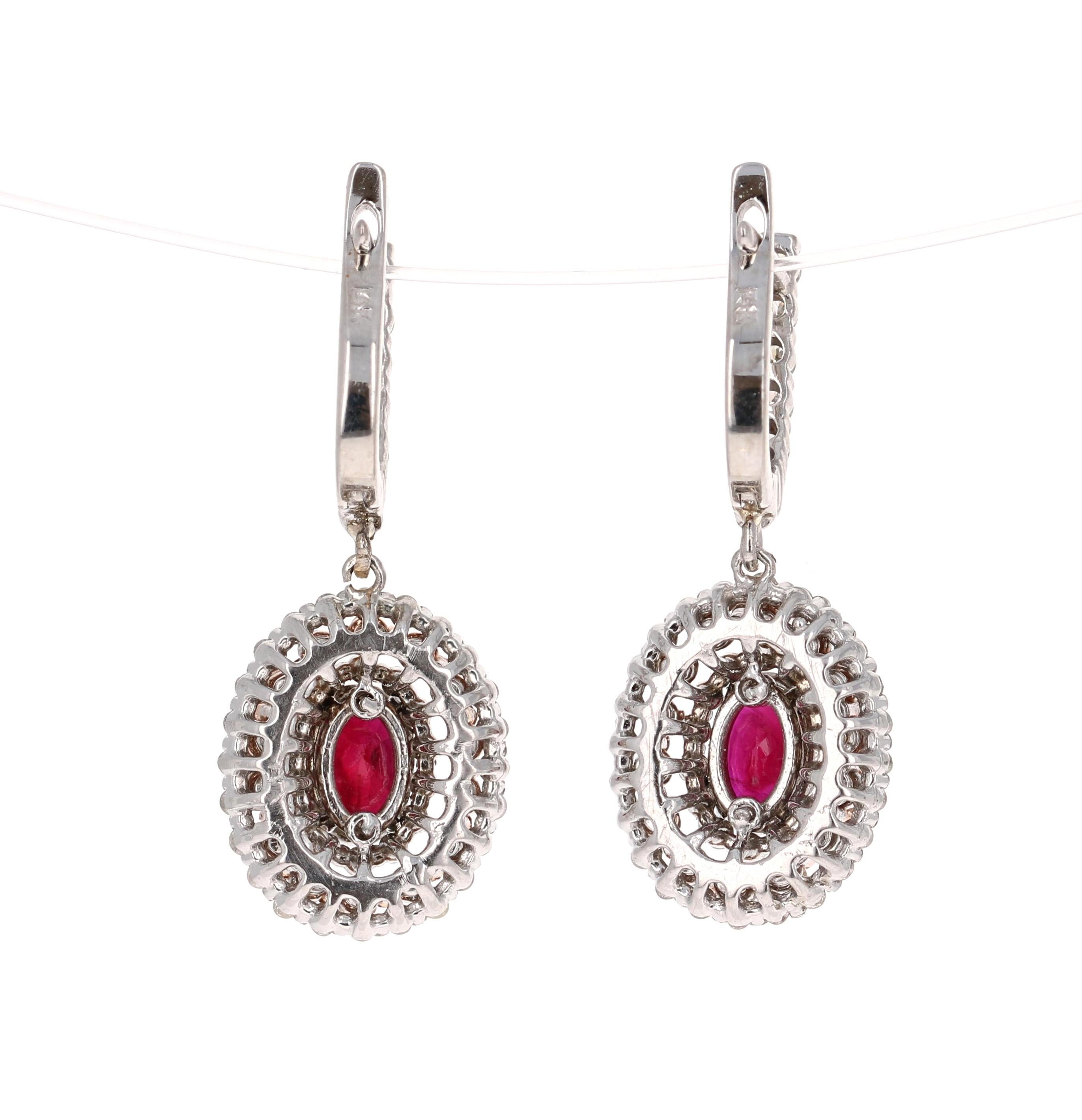Oval Cut 3.55 Carat Ruby Diamond White Gold Dangle Earrings For Sale
