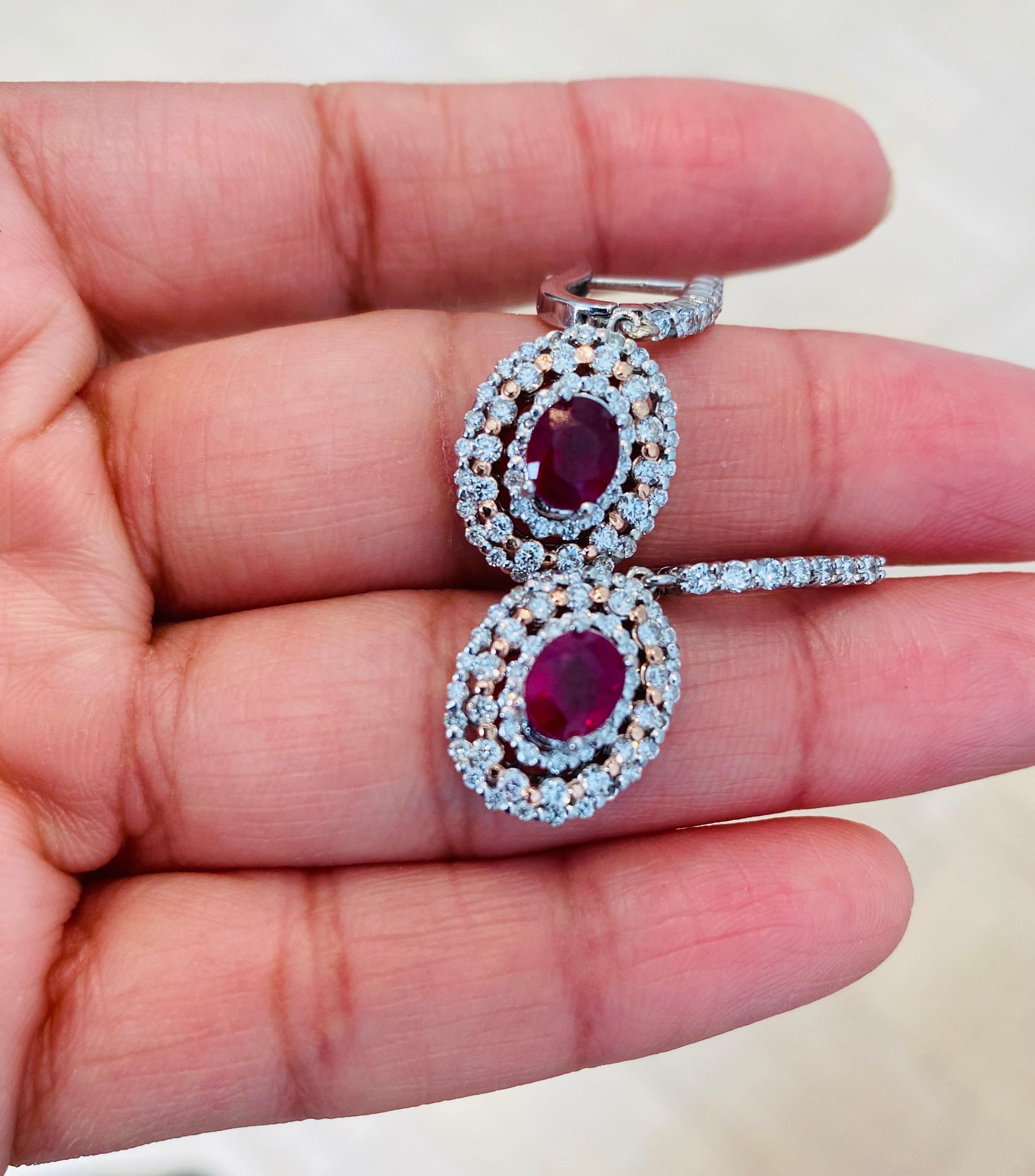 3.55 Carat Ruby Diamond White Gold Dangle Earrings In New Condition For Sale In Los Angeles, CA