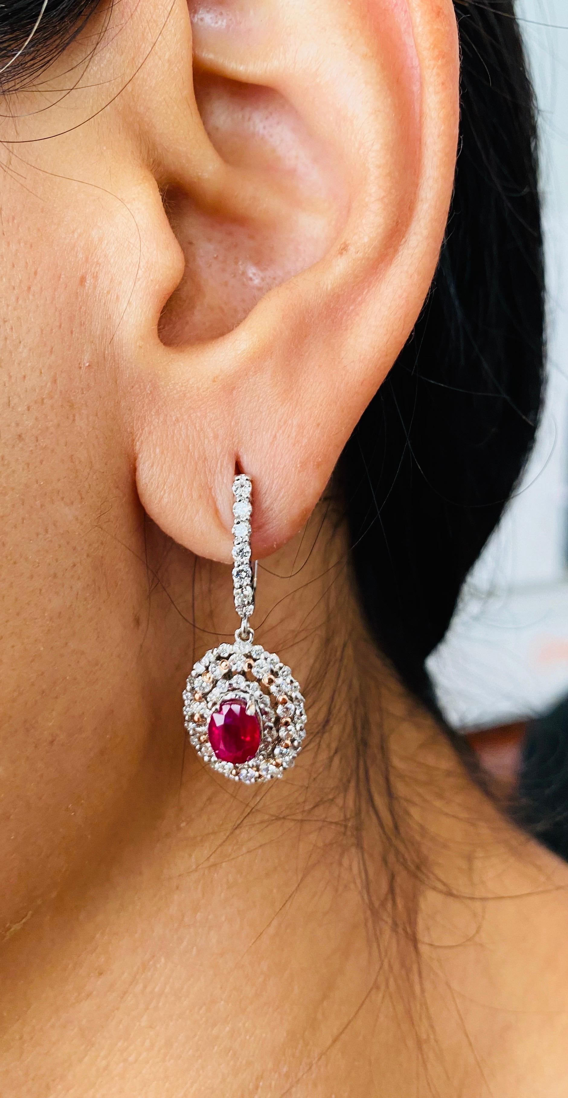 Women's 3.55 Carat Ruby Diamond White Gold Dangle Earrings For Sale