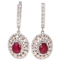 3.55 Carat Ruby Diamond White Gold Dangle Earrings