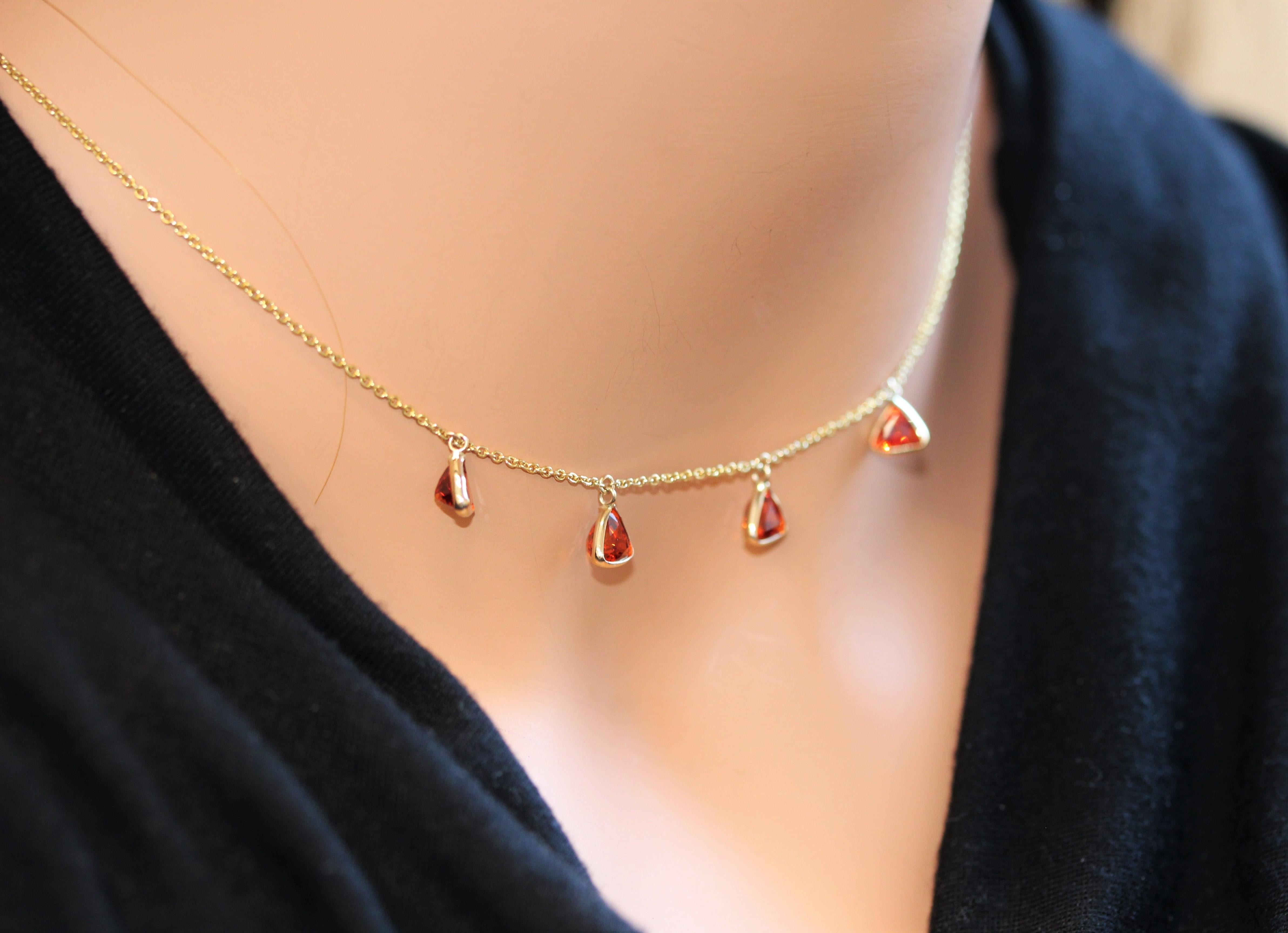 Trillion Cut 3.55 Carat Spessartite Gemstone Orangy Red Handmade Solitaire Necklace In 14k YG For Sale